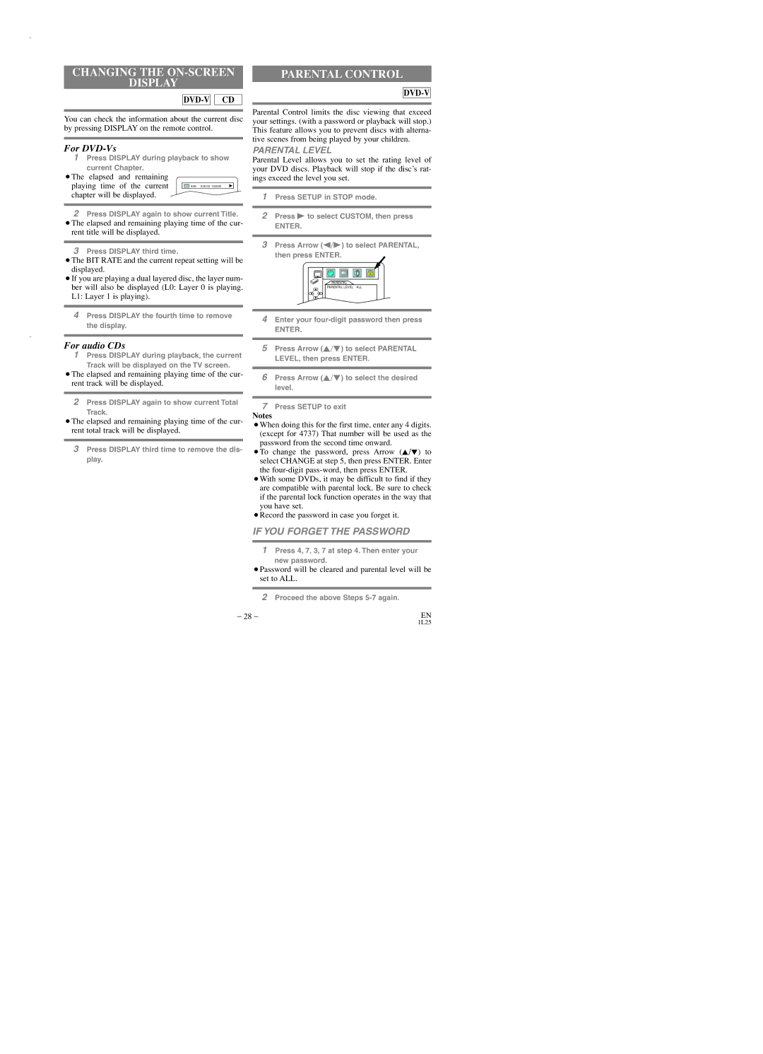 Emerson EWD2003 owner manual Changing the ON-SCREEN Display, Parental Control, Parental Level, Chapter will be displayed 