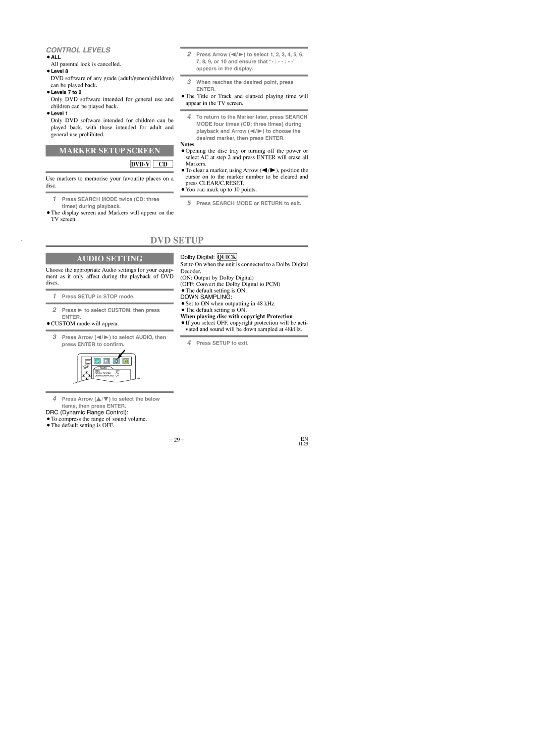 Emerson EWD2003 owner manual DVD Setup, Marker Setup Screen, Audio Setting, When playing disc with copyright Protection 