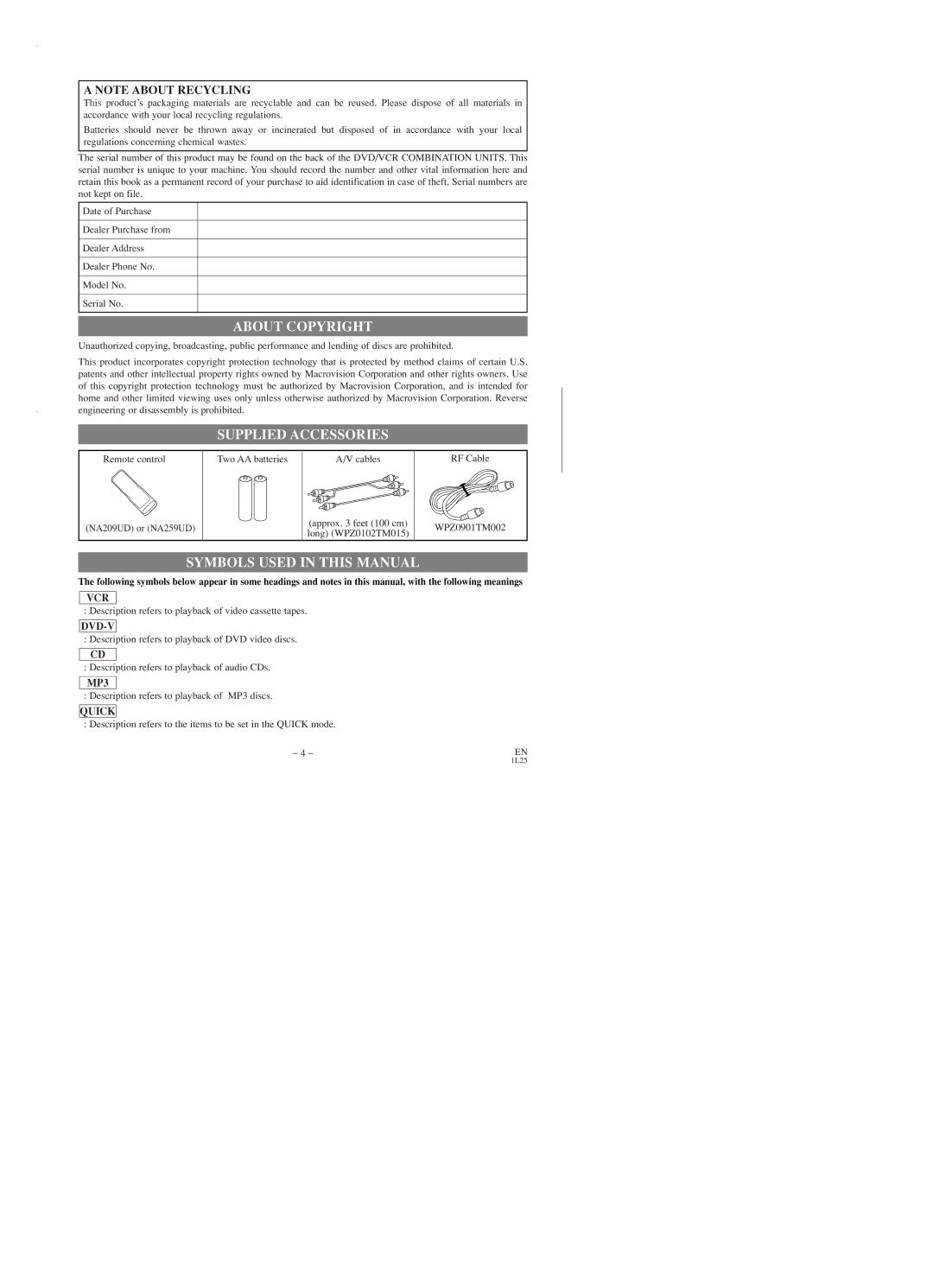 Emerson EWD2003 owner manual About Copyright, Supplied Accessories, Symbols Used in this Manual 