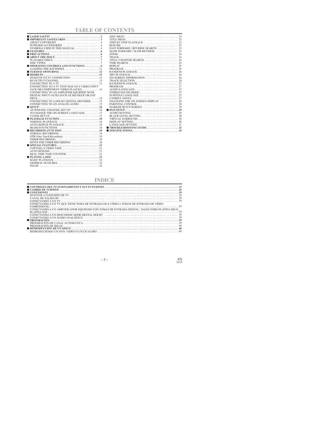 Emerson EWD2003 owner manual Table of Contents, Indice 