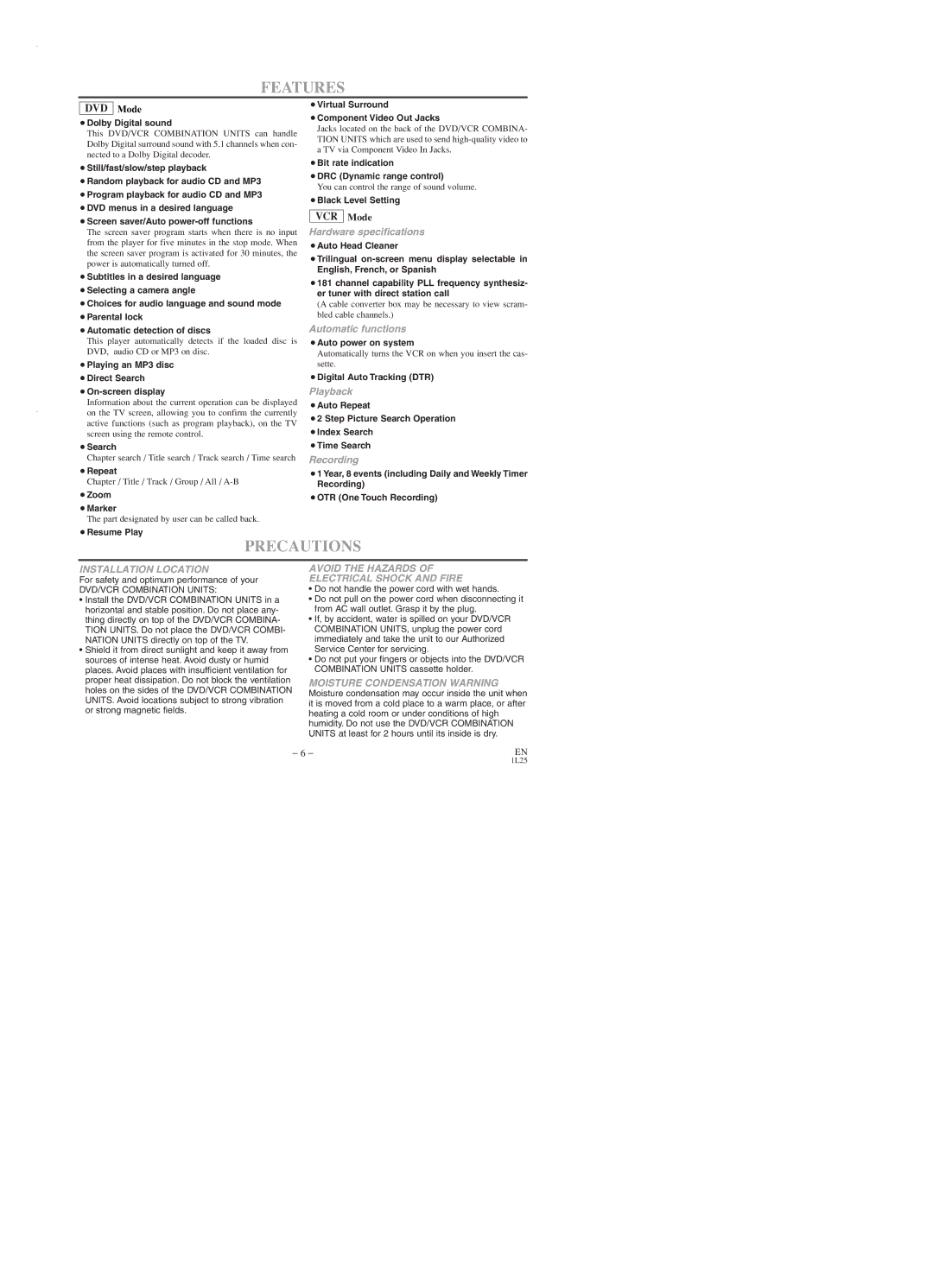 Emerson EWD2003 owner manual Features, Precautions 