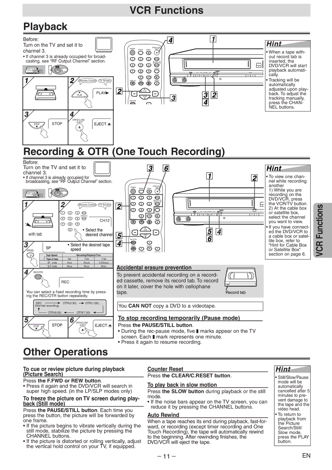 Emerson EWD2004 owner manual VCR Functions Playback, Recording & OTR One Touch Recording, Other Operations 