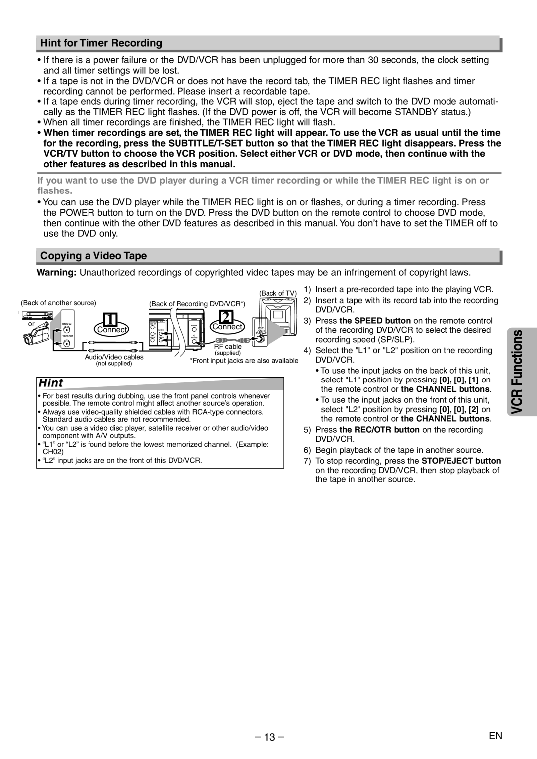 Emerson EWD2004 Hint for Timer Recording, Copying a Video Tape, Insert a pre-recorded tape into the playing VCR 