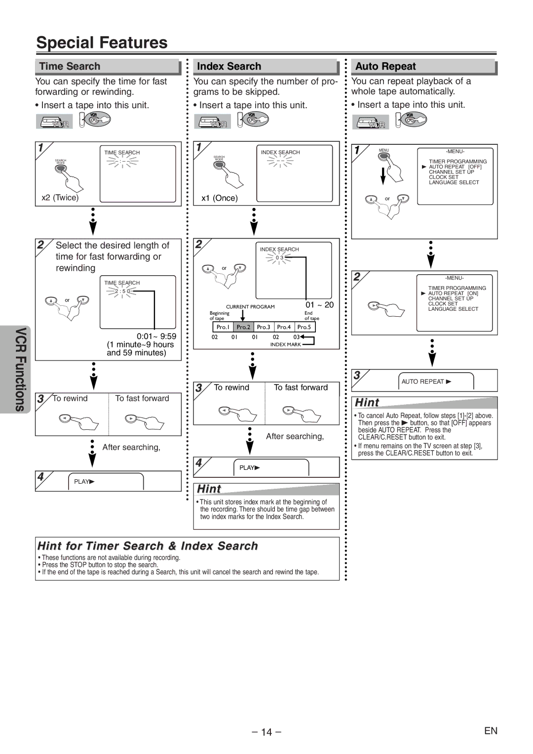 Emerson EWD2004 owner manual Special Features, Hint for Timer Search & Index Search, Time Search, Auto Repeat 