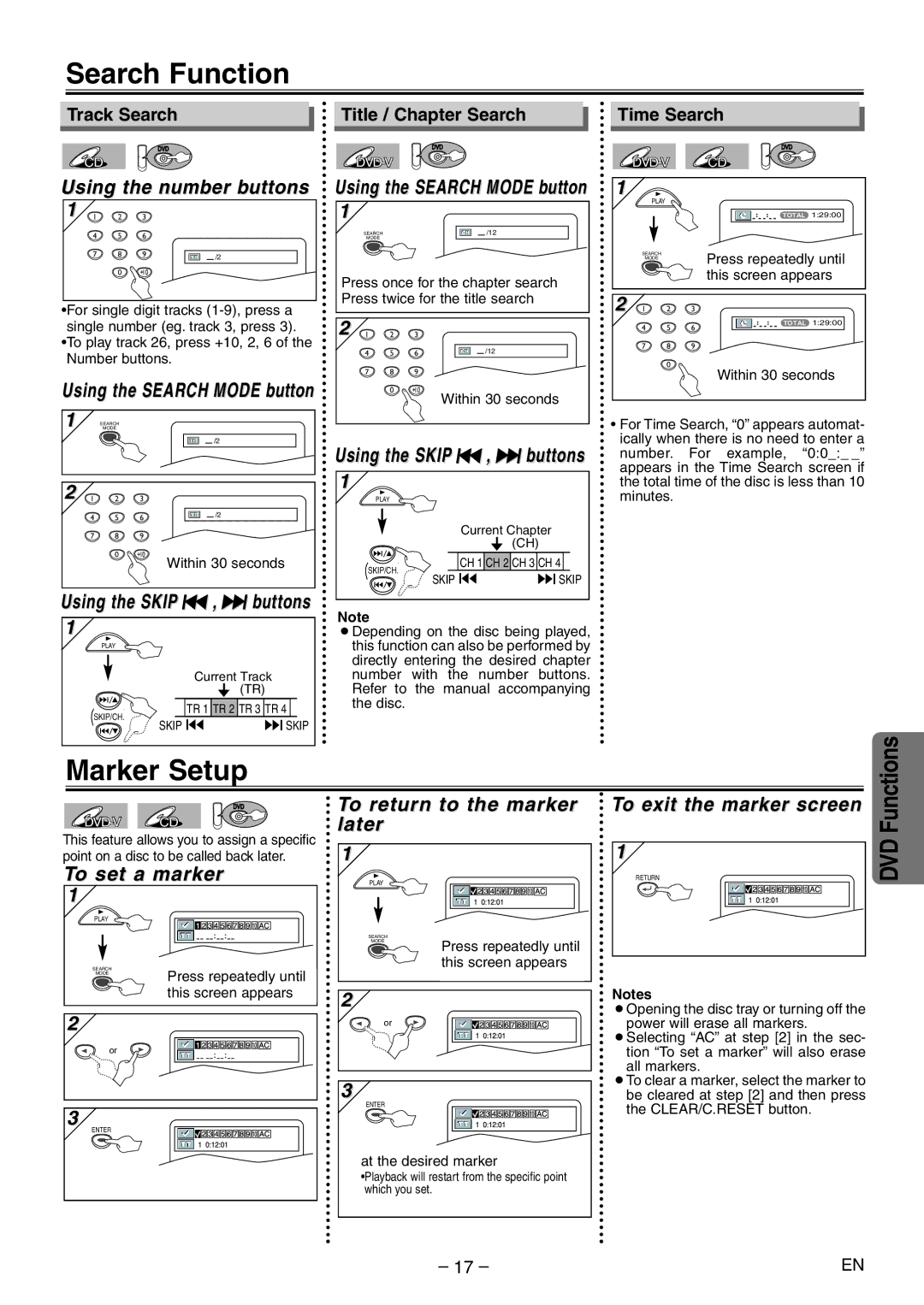 Emerson EWD2004 owner manual Search Function, Marker Setup 