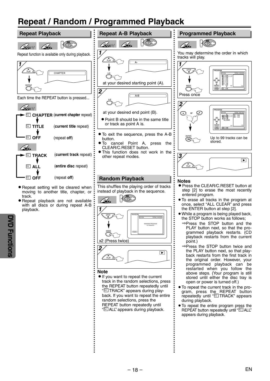 Emerson EWD2004 owner manual Repeat / Random / Programmed Playback, Repeat Playback, Repeat A-B Playback, Random Playback 