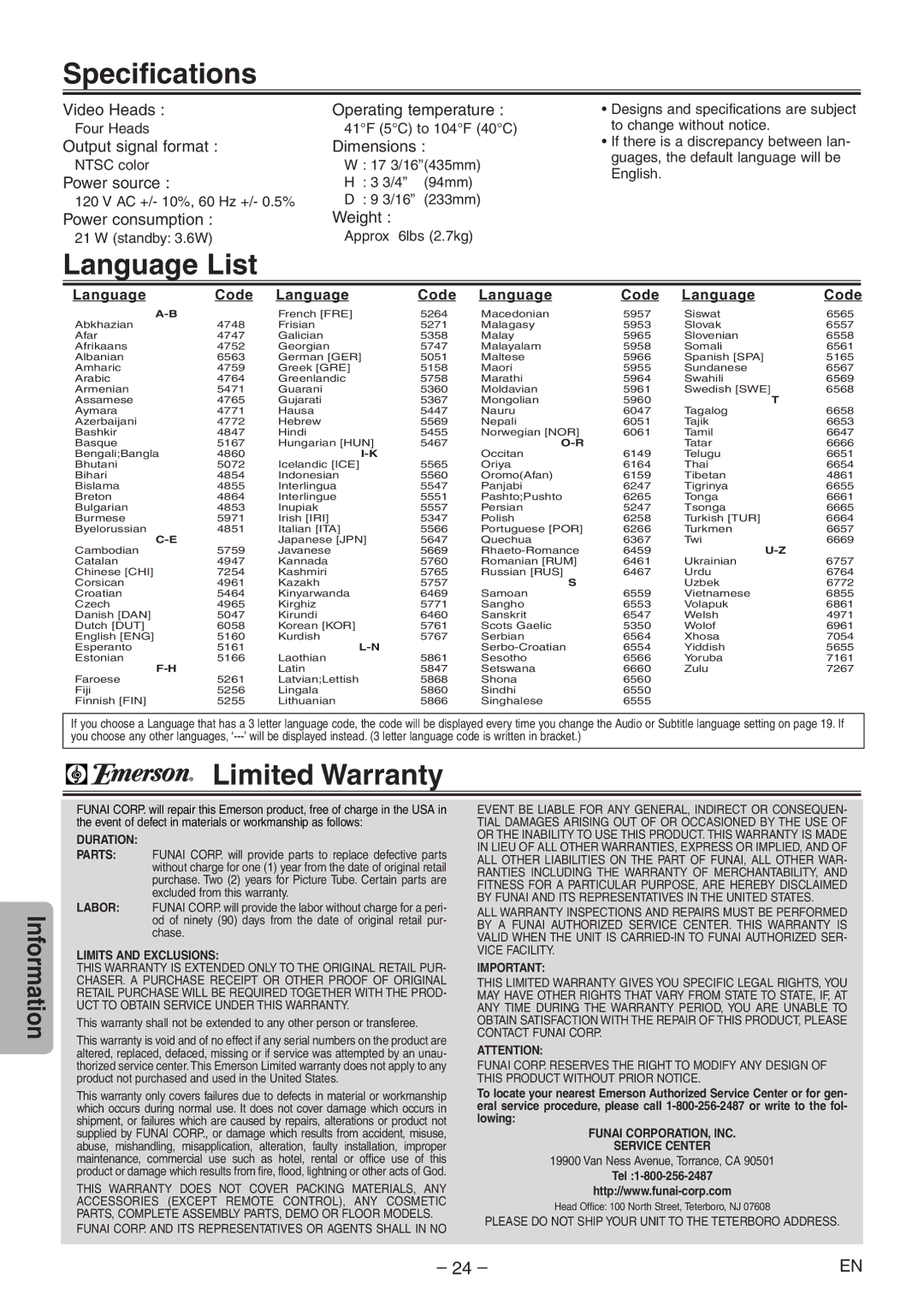 Emerson EWD2004 owner manual Specifications, Language List, Limited Warranty 