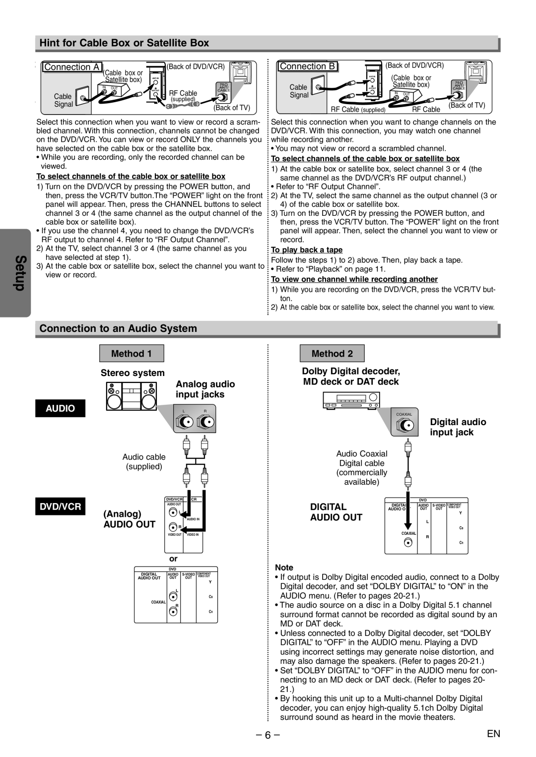 Emerson EWD2004 Hint for Cable Box or Satellite Box, Connection to an Audio System, Digital audio input jack, Analog 