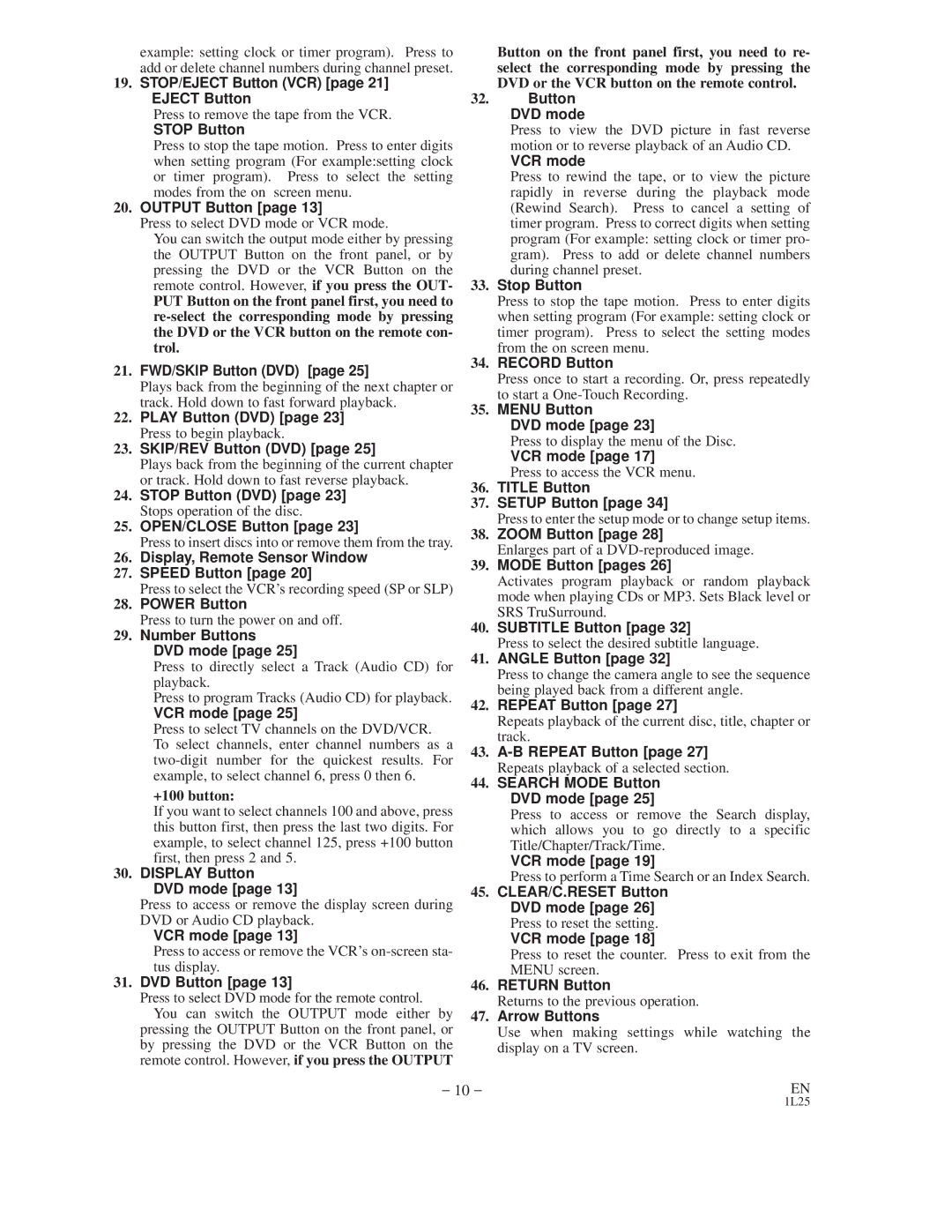 Emerson EWD2202 STOP/EJECT Button VCR page 21 Eject Button, Stop Button, Output Button, FWD/SKIP Button DVD, VCR mode 