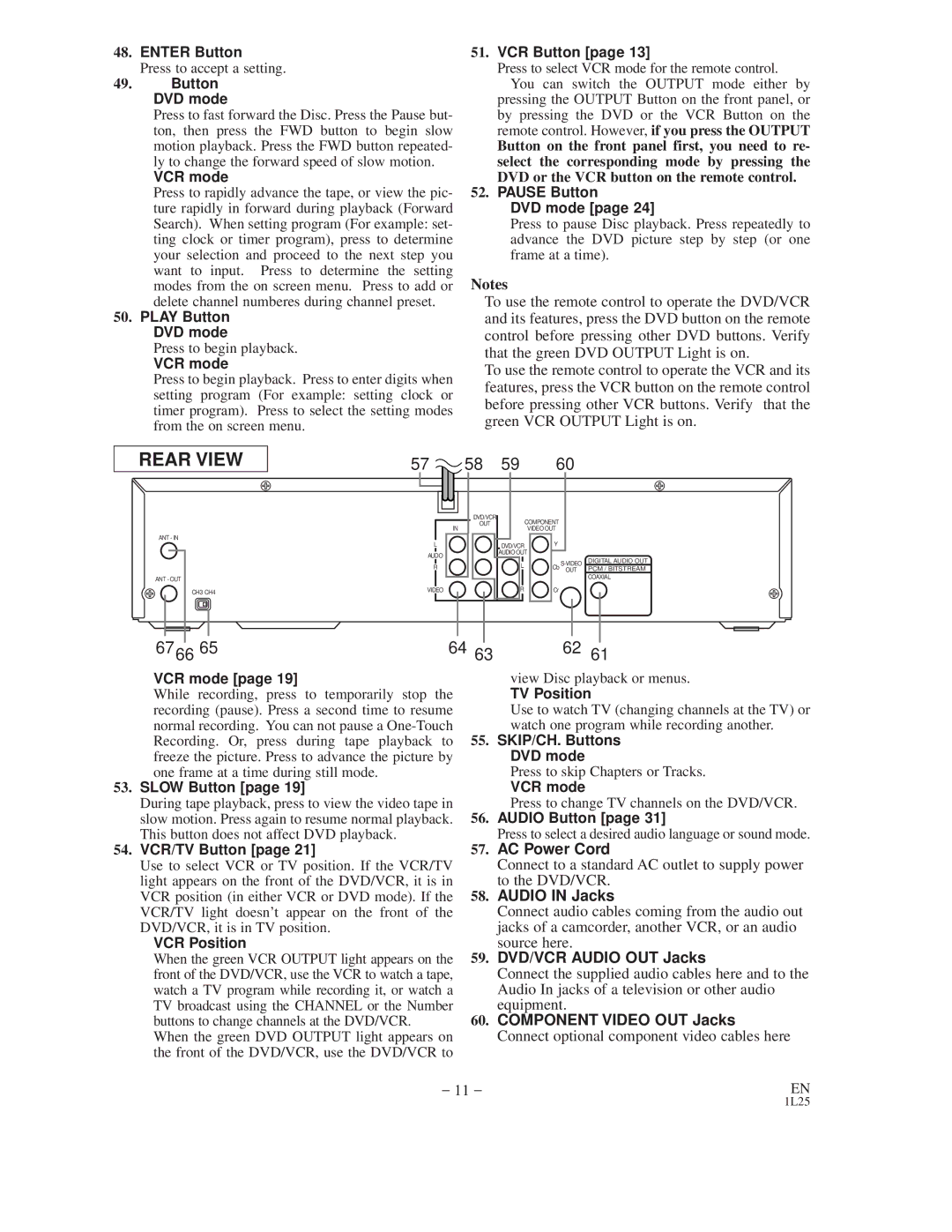 Emerson EWD2202 Enter Button, Play Button DVD mode, VCR Button, Pause Button DVD mode, Slow Button, VCR/TV Button 