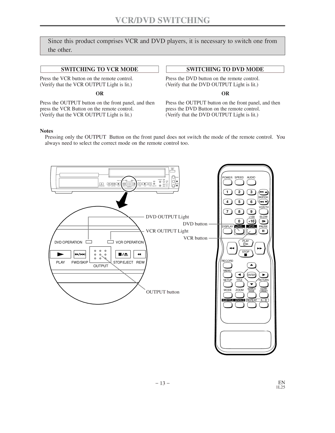 Emerson EWD2202 owner manual VCR/DVD Switching, Switching to VCR Mode 