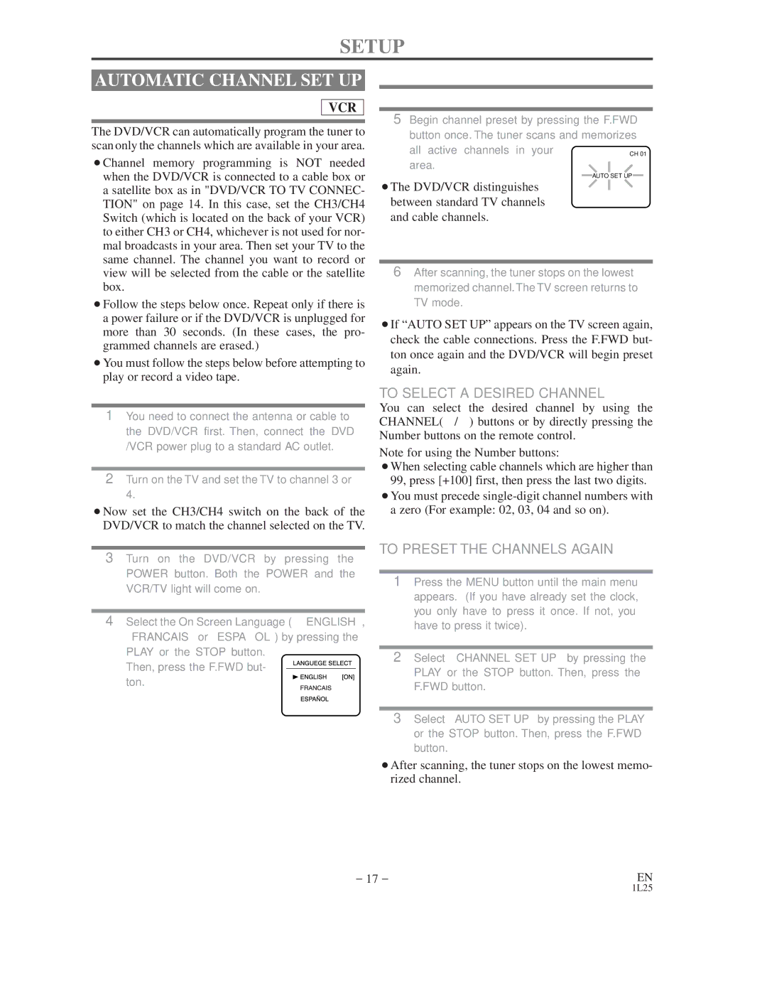 Emerson EWD2202 owner manual Setup, Automatic Channel SET UP 