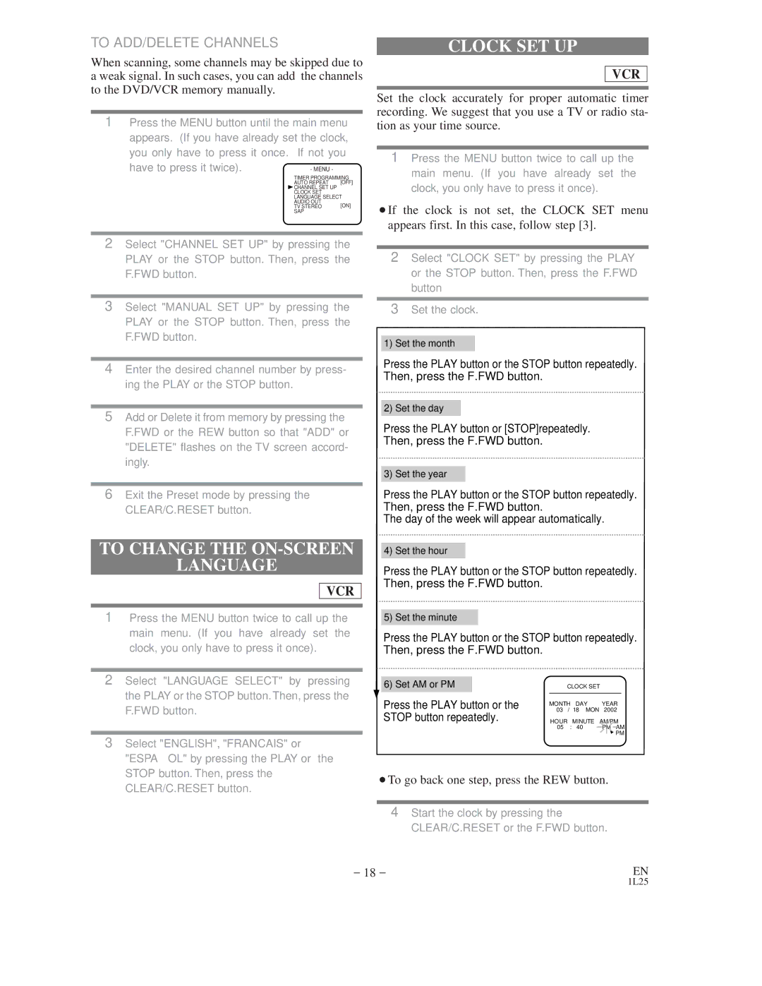 Emerson EWD2202 owner manual To Change the ON-SCREEN Language, Clock SET UP, ¡To go back one step, press the REW button 