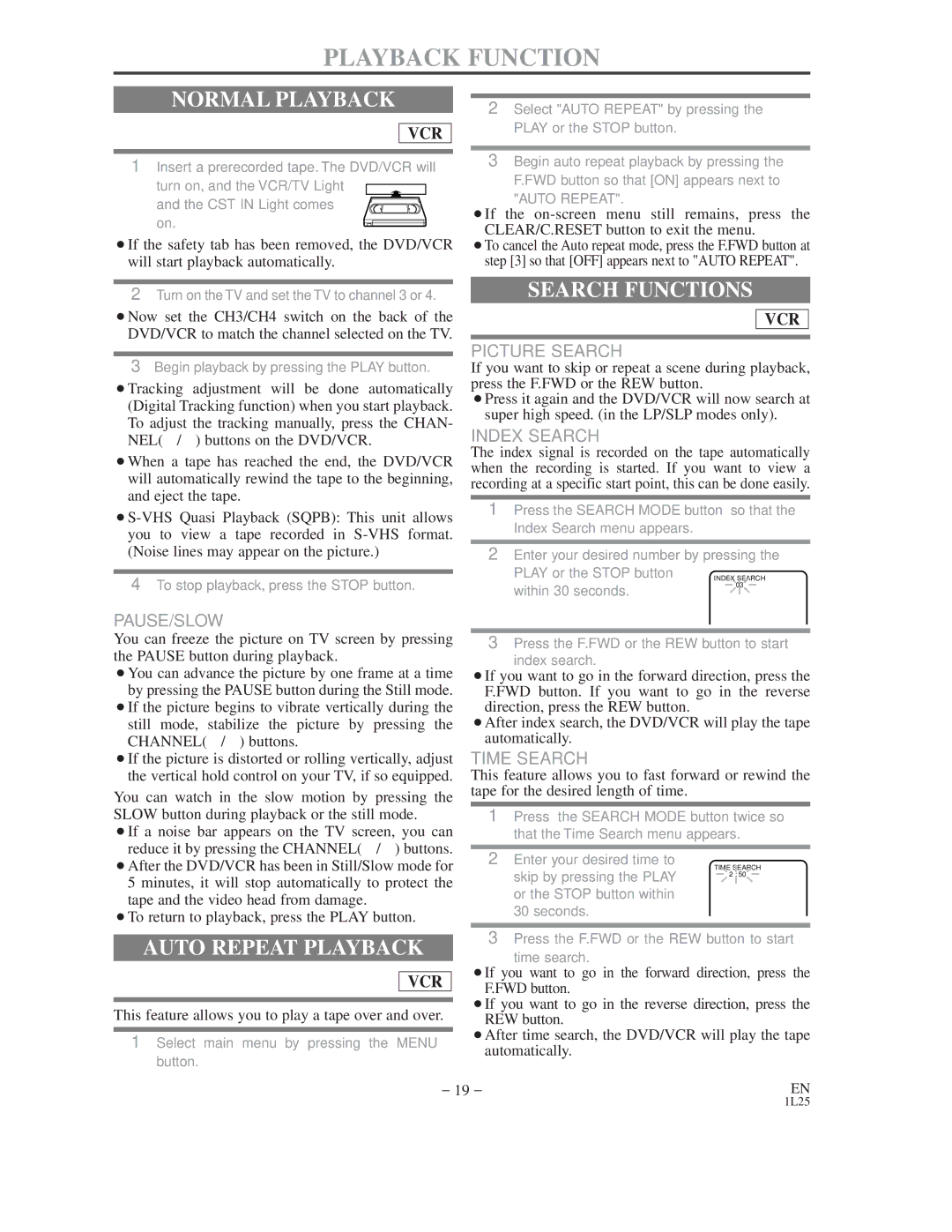 Emerson EWD2202 owner manual Playback Function, Normal Playback, Search Functions, Auto Repeat Playback 