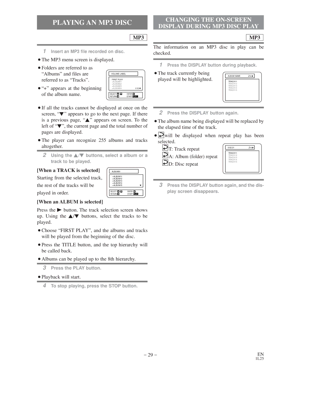 Emerson EWD2202 owner manual Playing AN MP3 Disc, When a Track is selected, When an Album is selected 