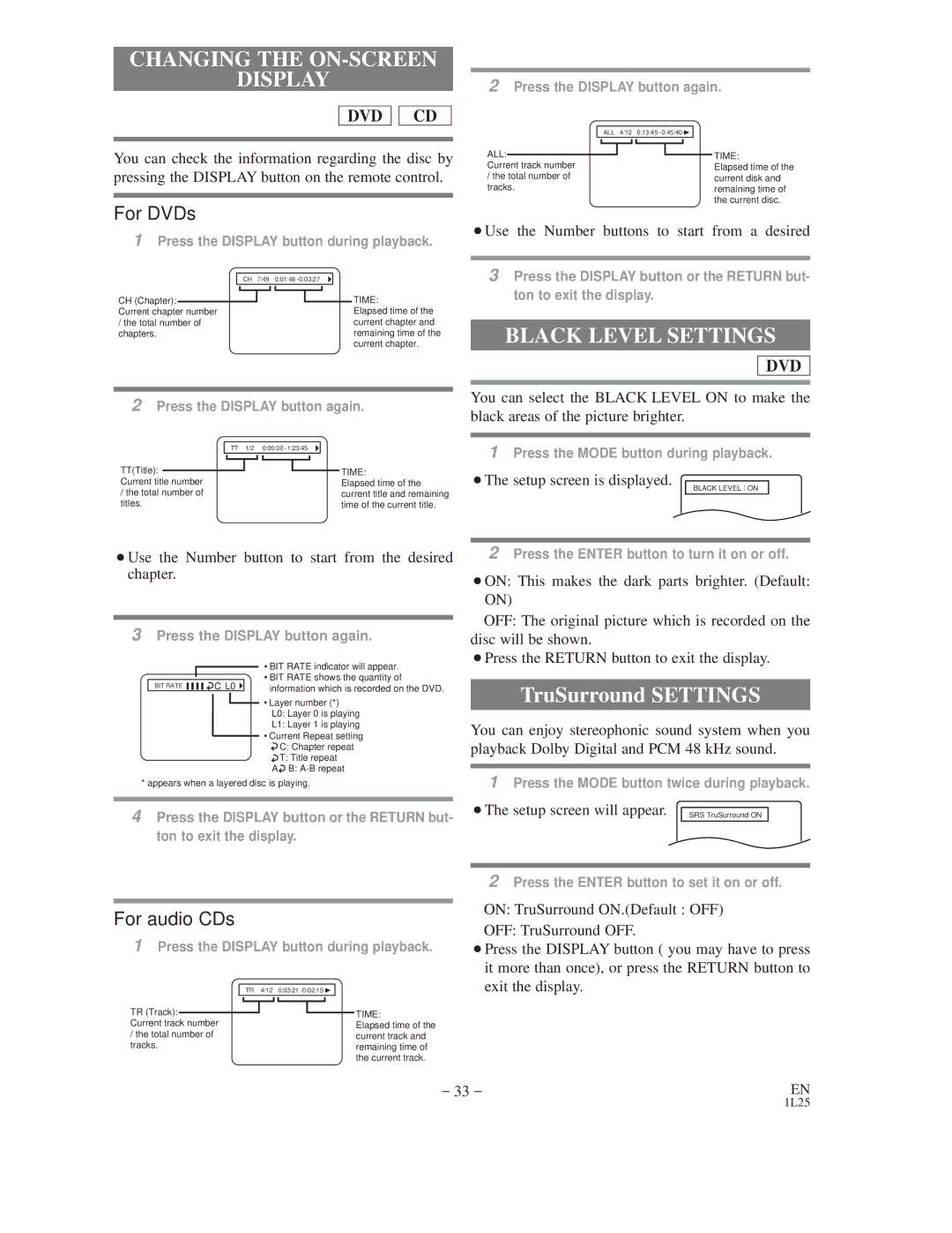 Emerson EWD2202 owner manual Changing the ON-SCREEN Display, Black Level Settings 