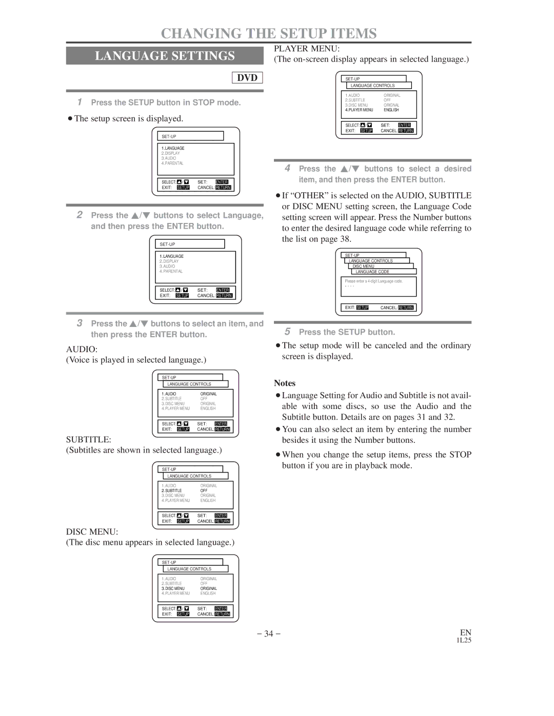 Emerson EWD2202 owner manual Changing the Setup Items, Language Settings 