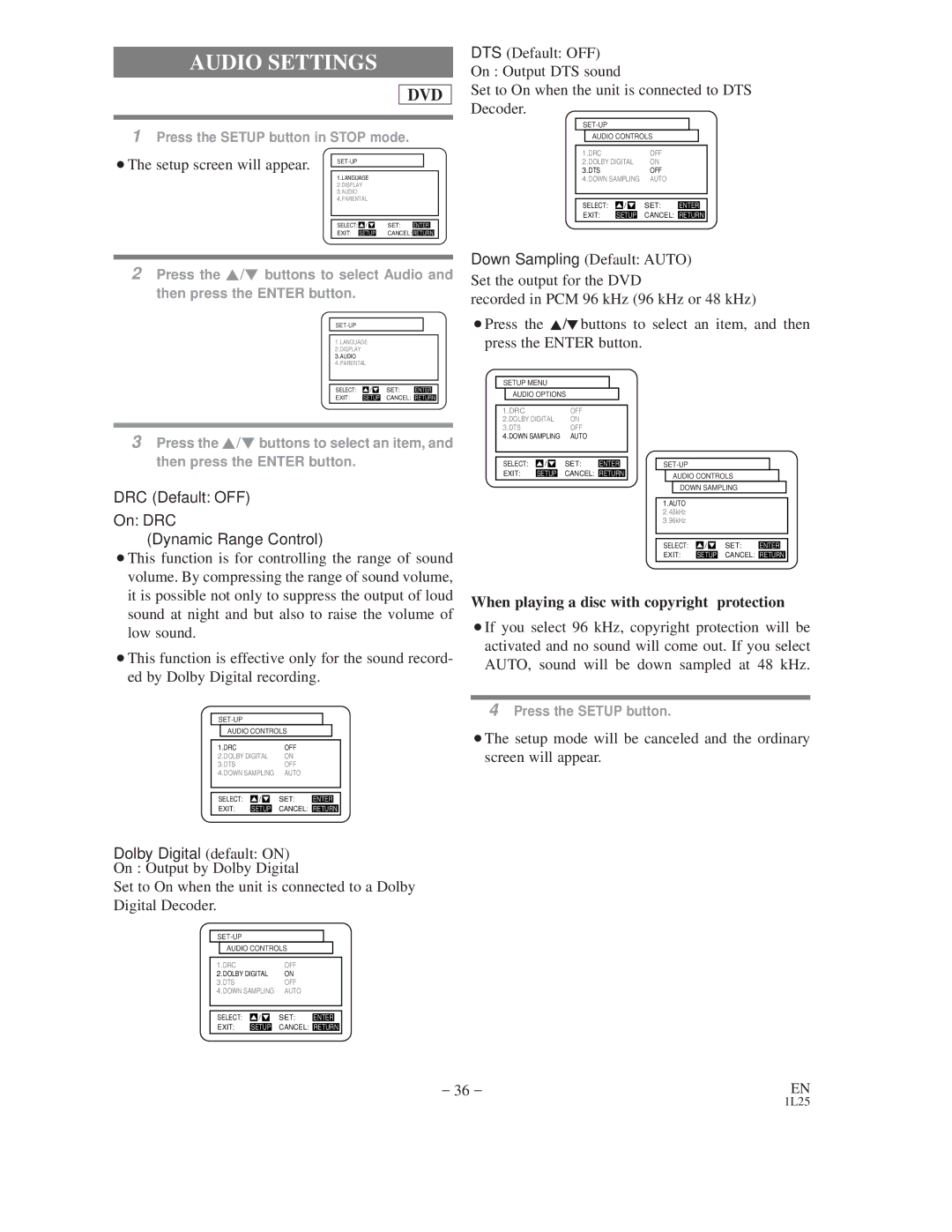 Emerson EWD2202 owner manual Audio Settings, When playing a disc with copyright protection 