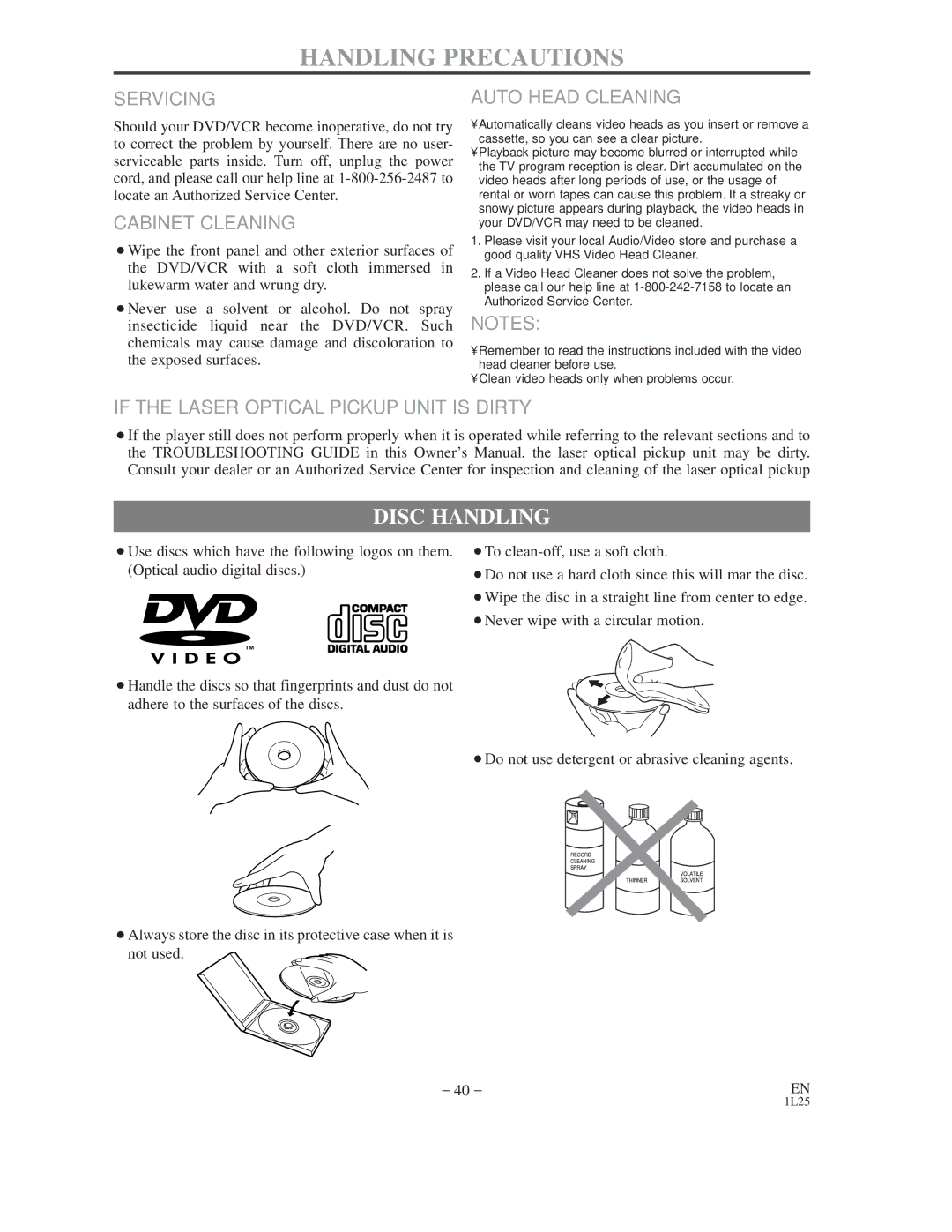 Emerson EWD2202 owner manual Handling Precautions, Disc Handling 