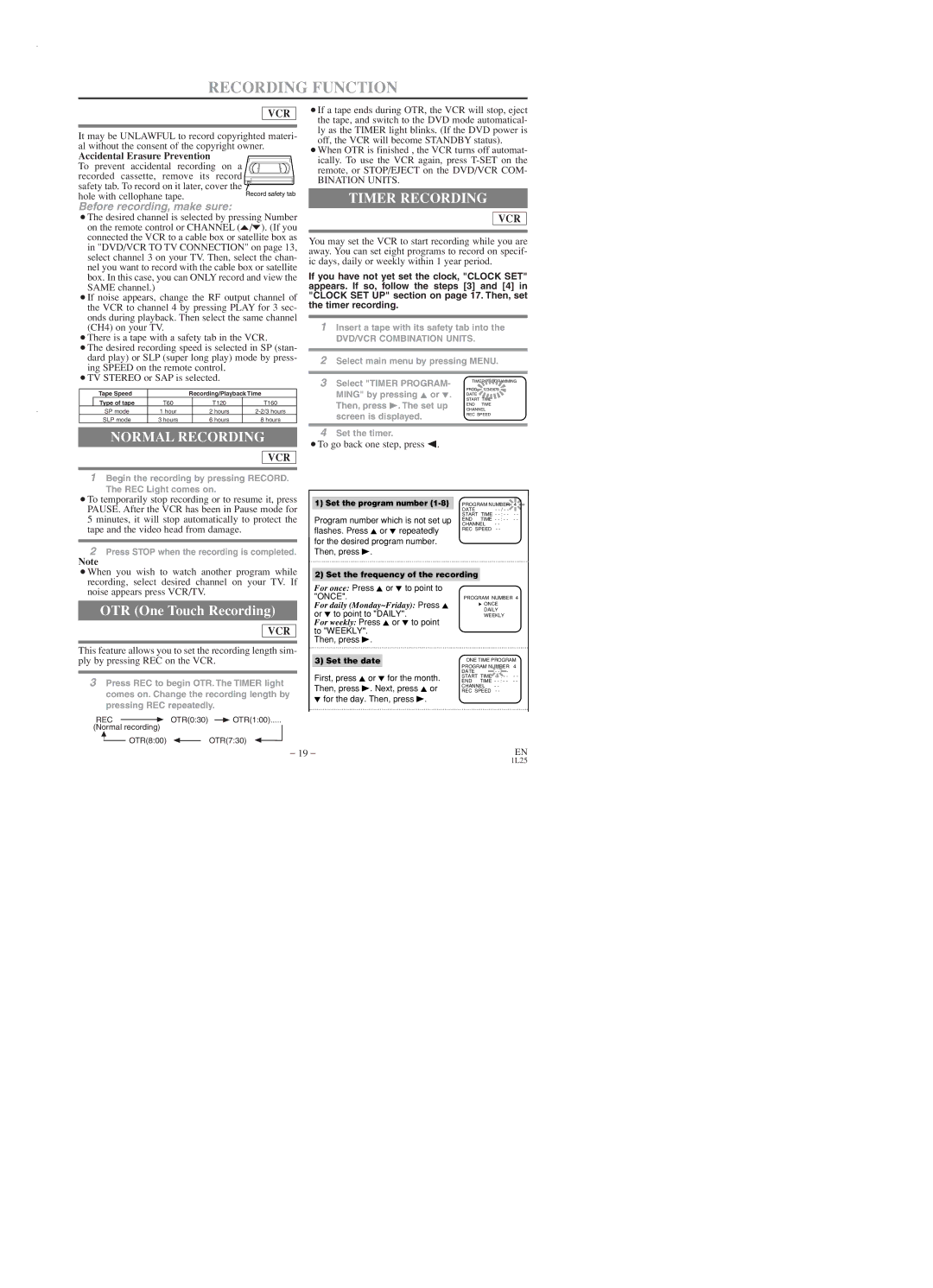 Emerson EWD2203 owner manual Recording Function, Timer Recording, Normal Recording, Accidental Erasure Prevention 