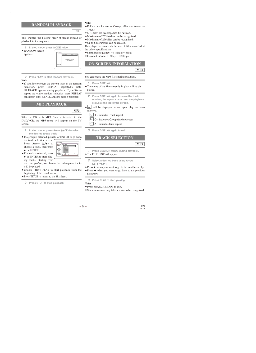 Emerson EWD2203 owner manual Random Playback, MP3 Playback, ON-SCREEN Information, Track Selection 