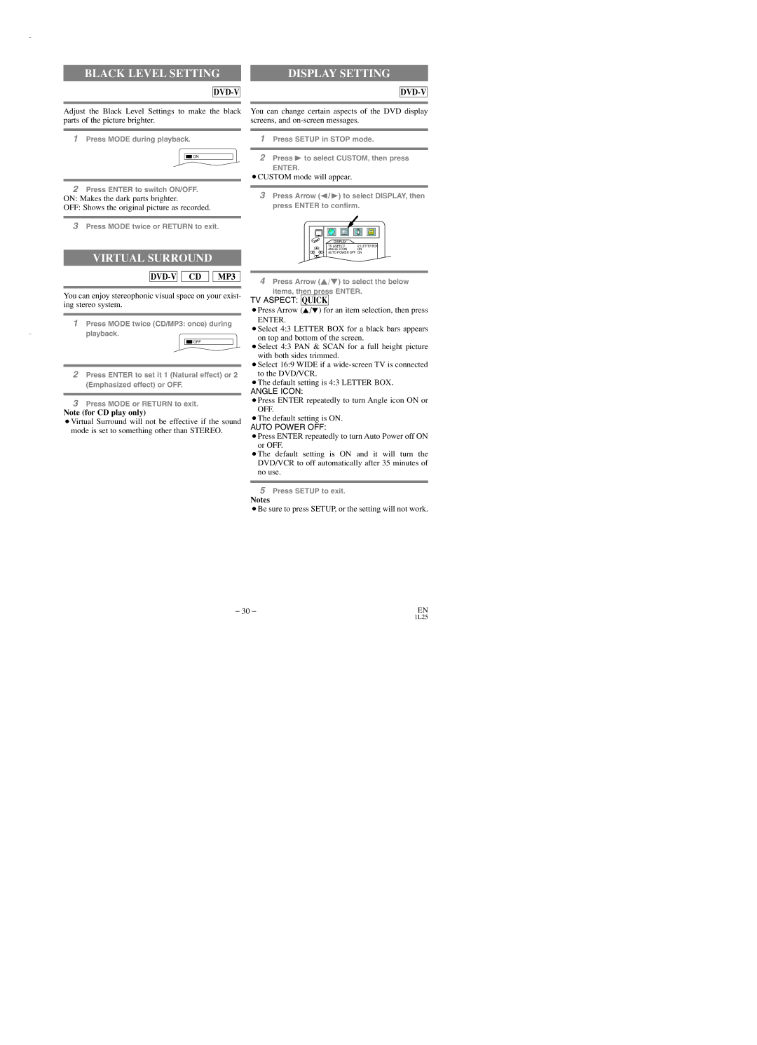 Emerson EWD2203 Black Level Setting, Display Setting, Virtual Surround, ¡Press Arrow K/L for an item selection, then press 