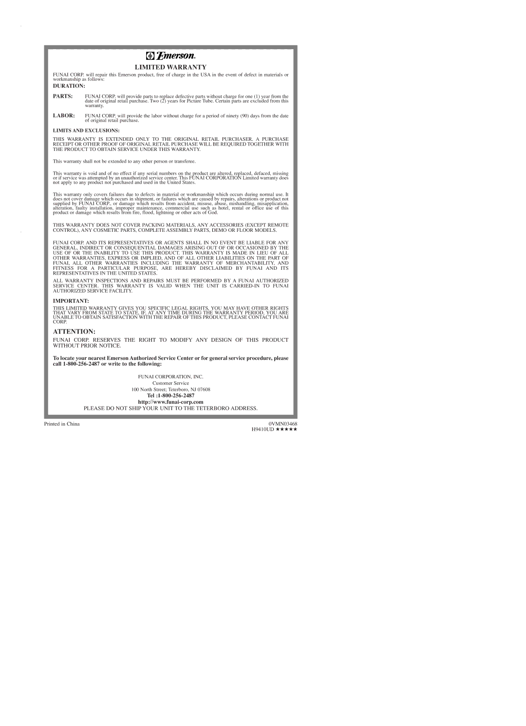 Emerson EWD2203 owner manual Tel, 0VMN03468, H9410UD 