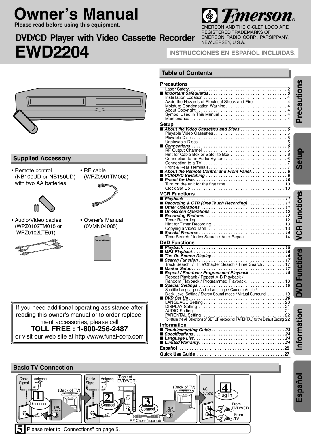 Emerson EWD2204 owner manual Supplied Accessory, Table of Contents, Basic TV Connection 