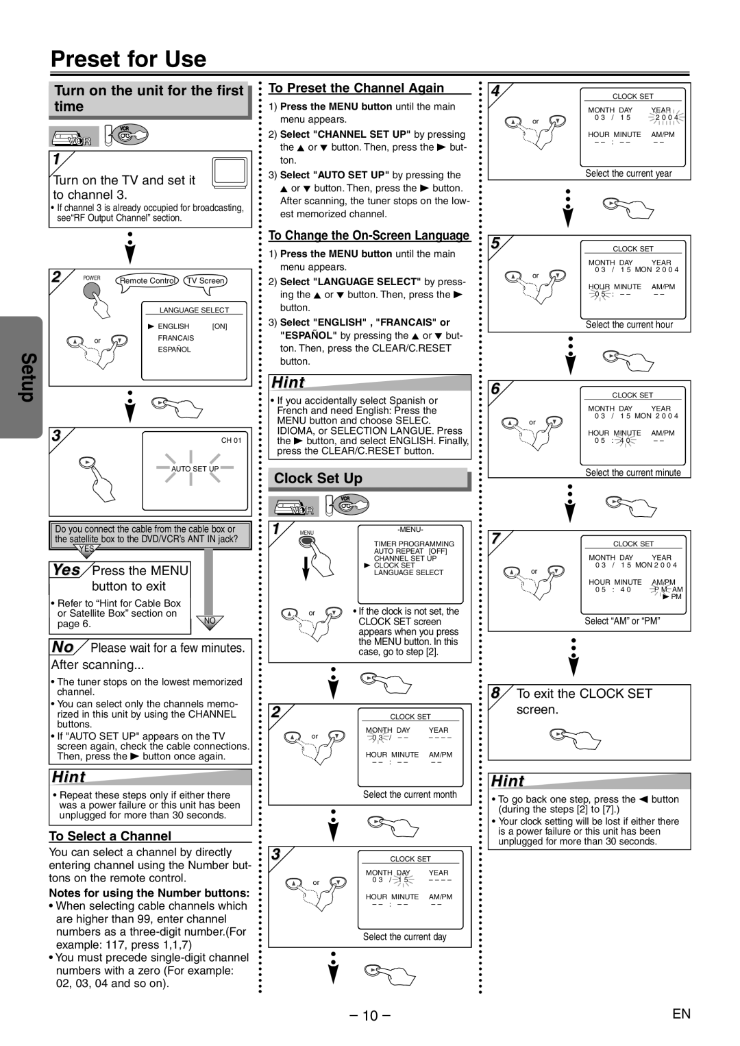 Emerson EWD2204 owner manual Preset for Use, Turn on the unit for the first time, Clock Set Up 