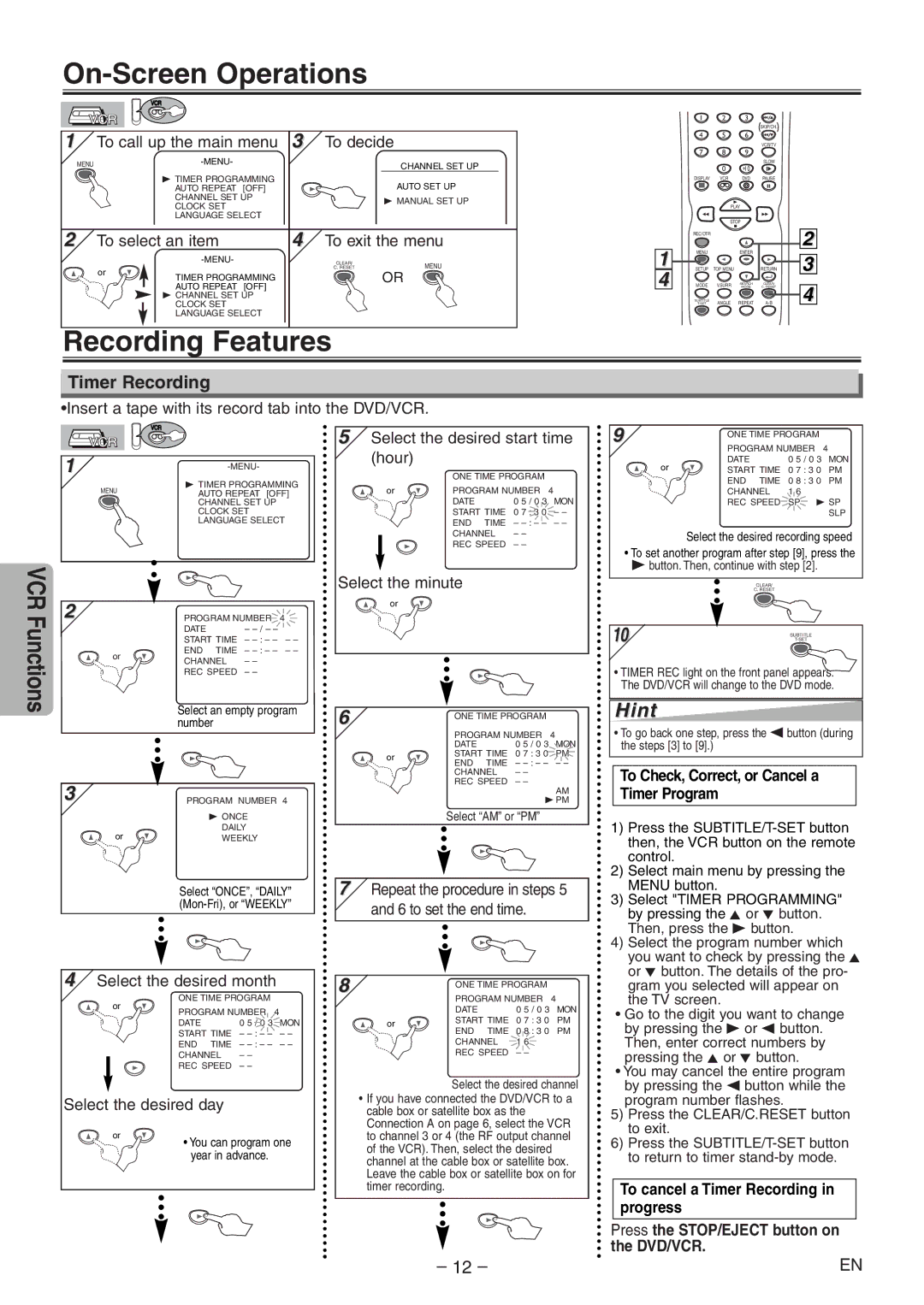 Emerson EWD2204 On-Screen Operations, Recording Features, Timer Recording, To Check, Correct, or Cancel a Timer Program 