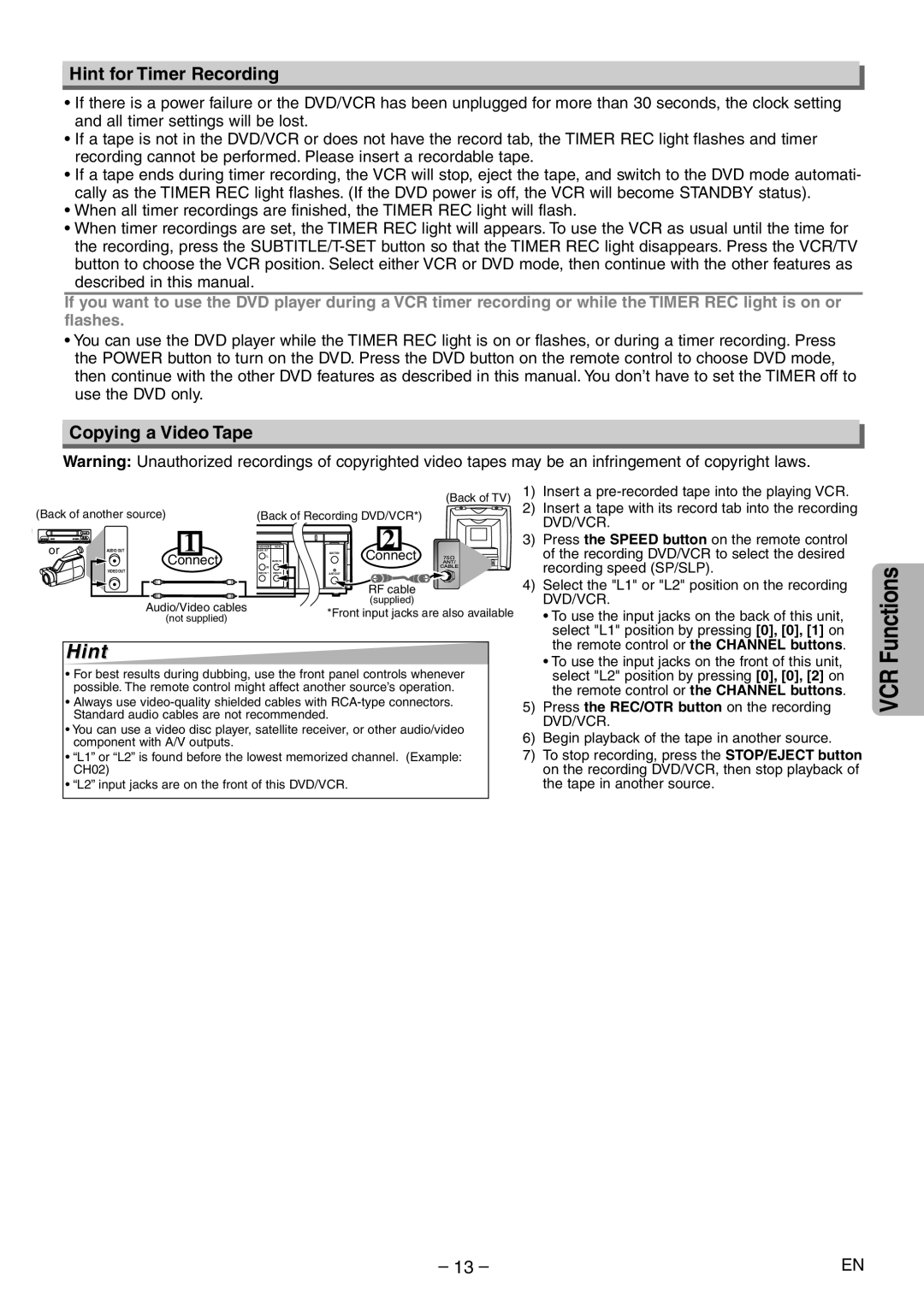 Emerson EWD2204 owner manual Hint for Timer Recording, Copying a Video Tape, Press the Speed button on the remote control 