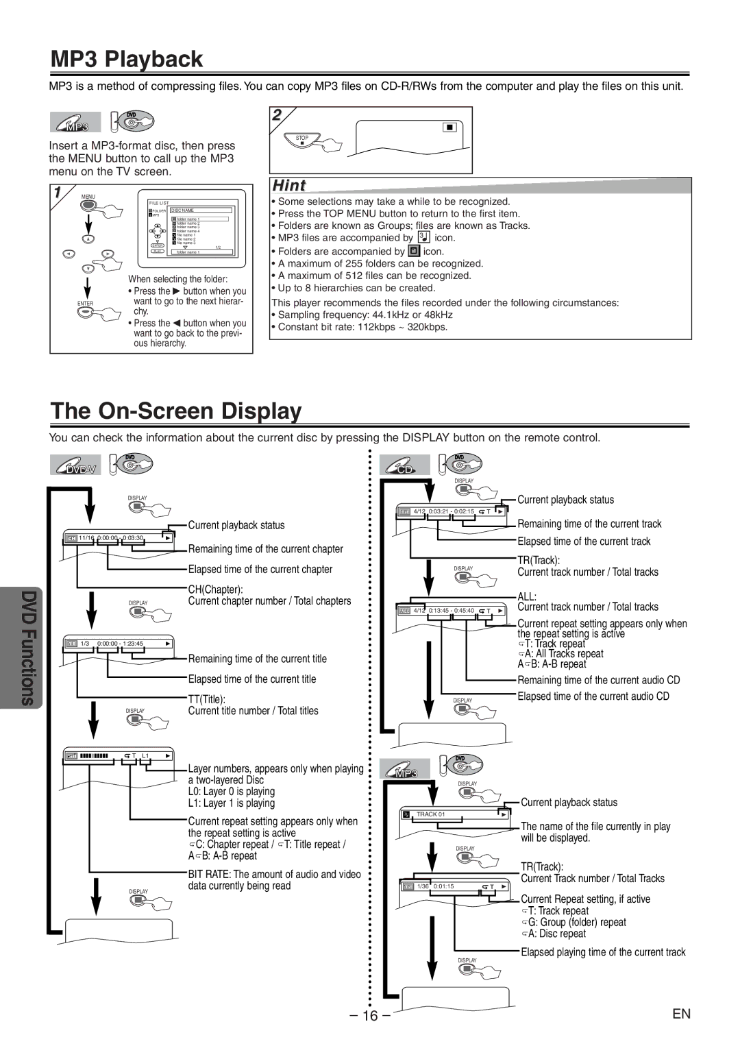 Emerson EWD2204 owner manual MP3 Playback, On-Screen Display 