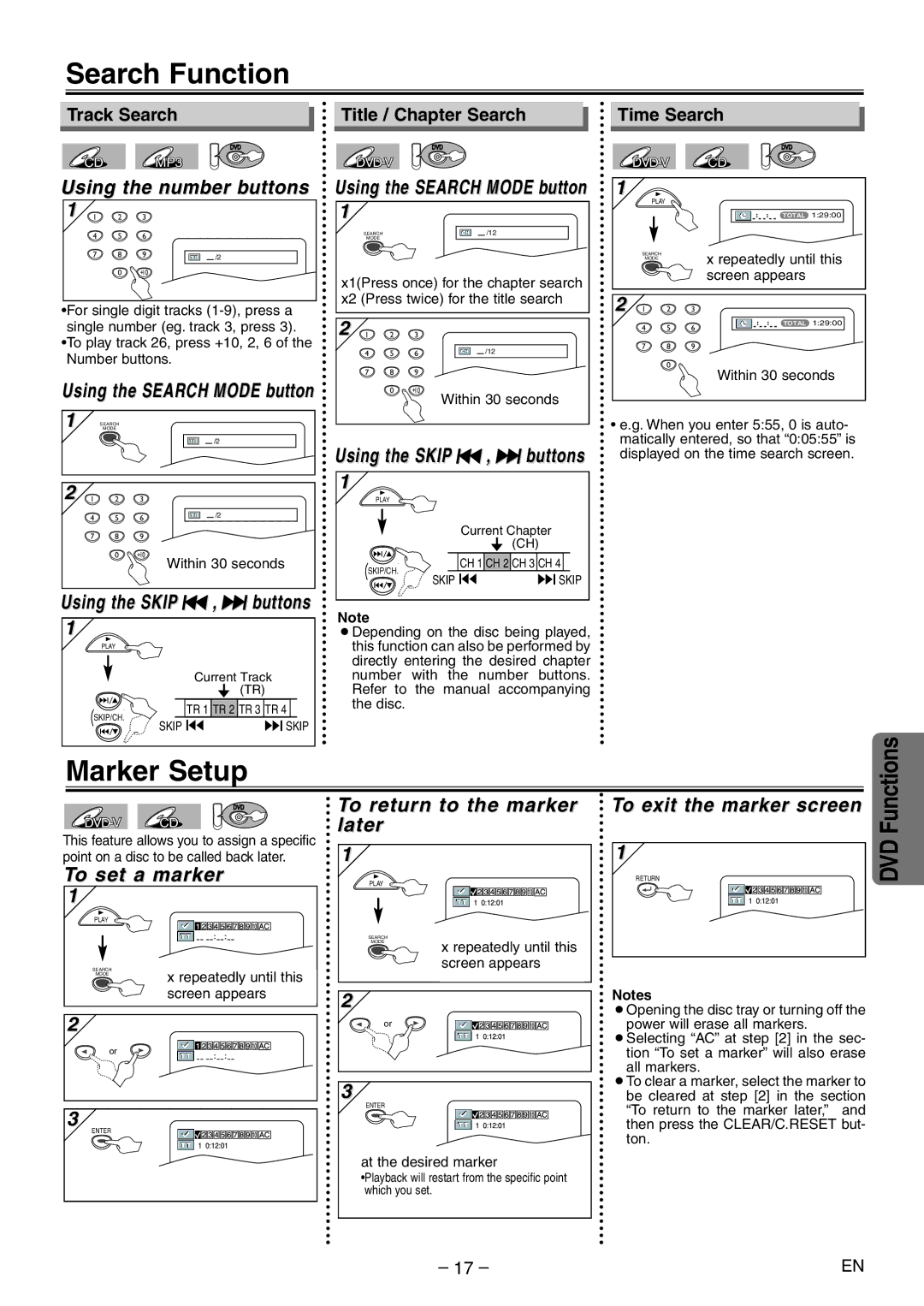 Emerson EWD2204 owner manual Search Function, Marker Setup 