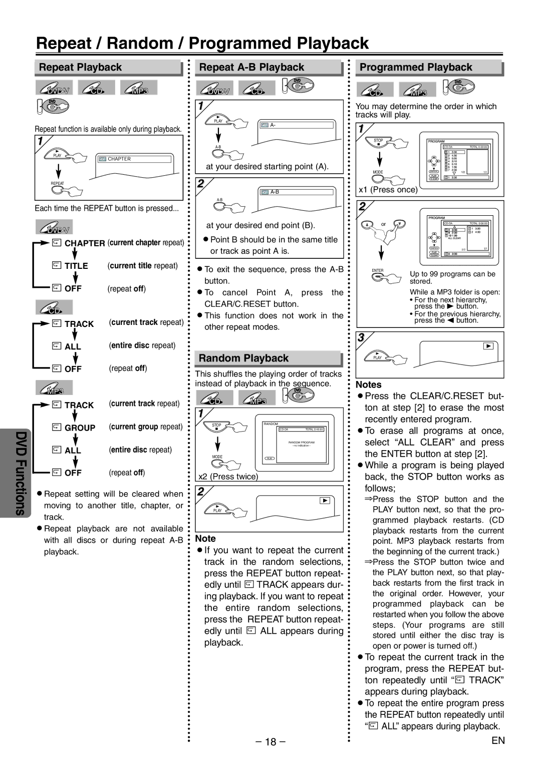 Emerson EWD2204 owner manual Repeat / Random / Programmed Playback, Repeat Playback, Repeat A-B Playback, Random Playback 