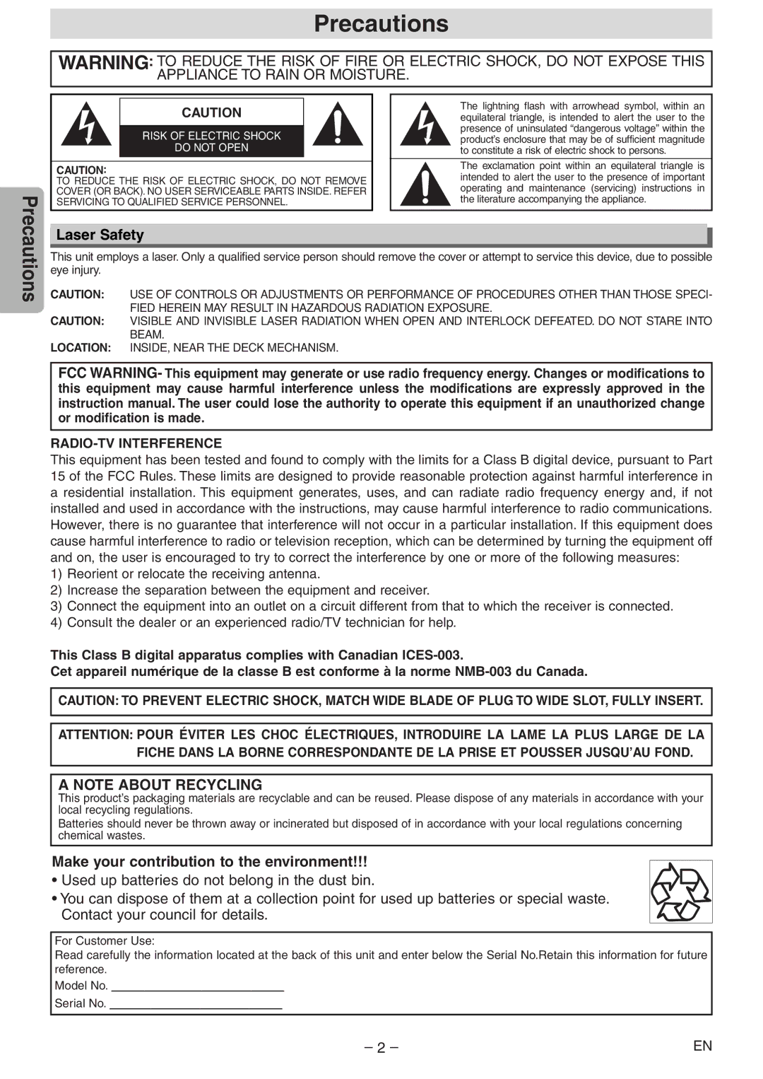 Emerson EWD2204 owner manual Precautions, Laser Safety, Make your contribution to the environment 