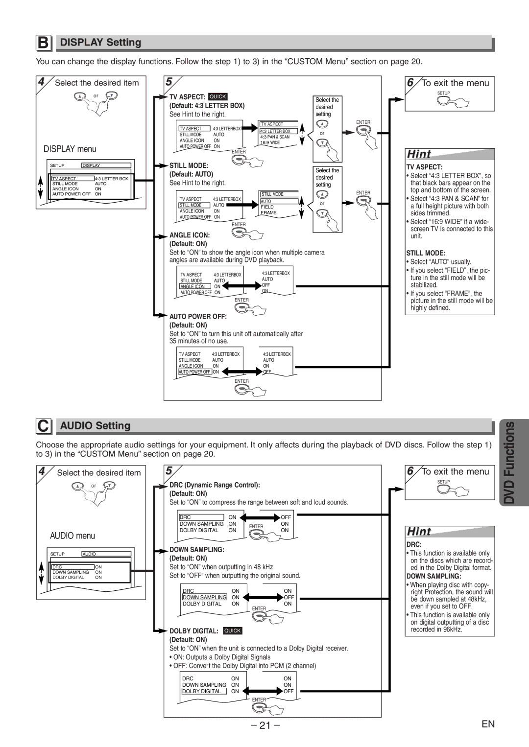 Emerson EWD2204 owner manual Display Setting, Audio Setting, See Hint to the right, Minutes of no use 