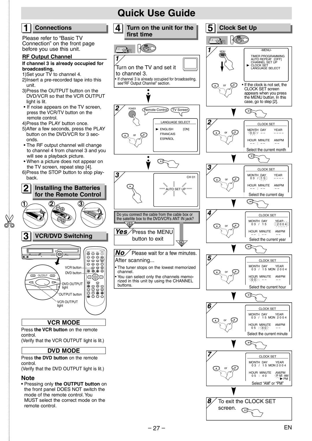 Emerson EWD2204 Quick Use Guide, Connections, Installing the Batteries, For the Remote Control, VCR/DVD Switching 