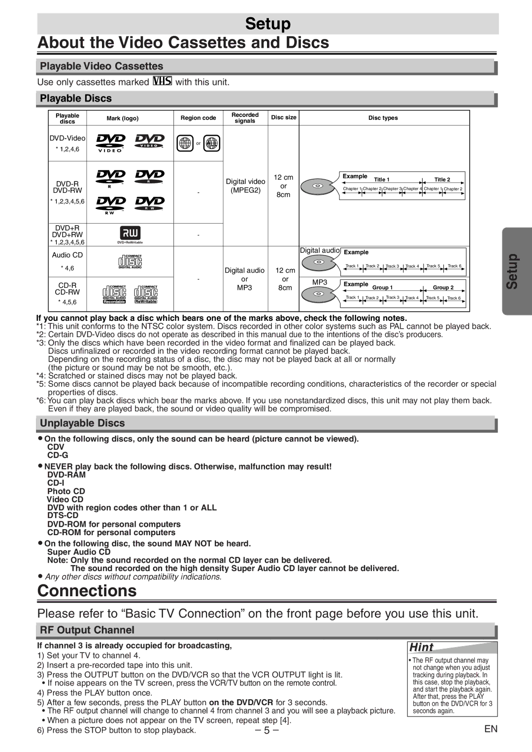 Emerson EWD2204 owner manual Setup About the Video Cassettes and Discs, Connections, Hint 