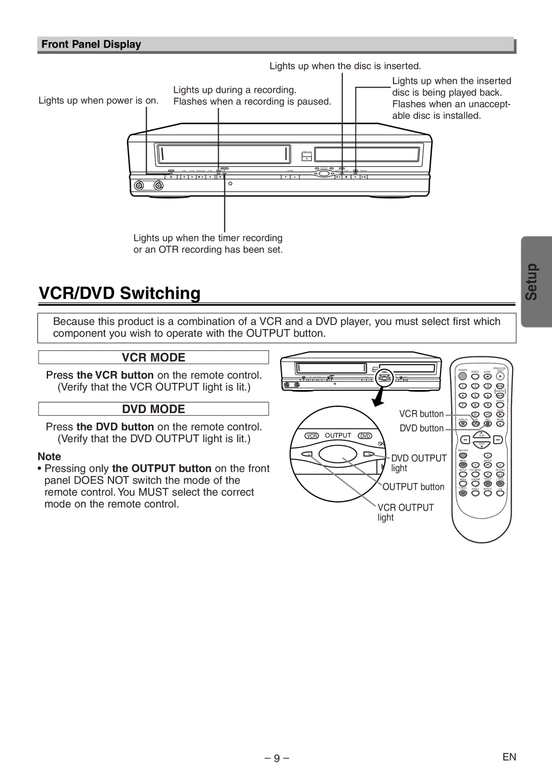 Emerson EWD2204 owner manual VCR/DVD Switching, Front Panel Display 