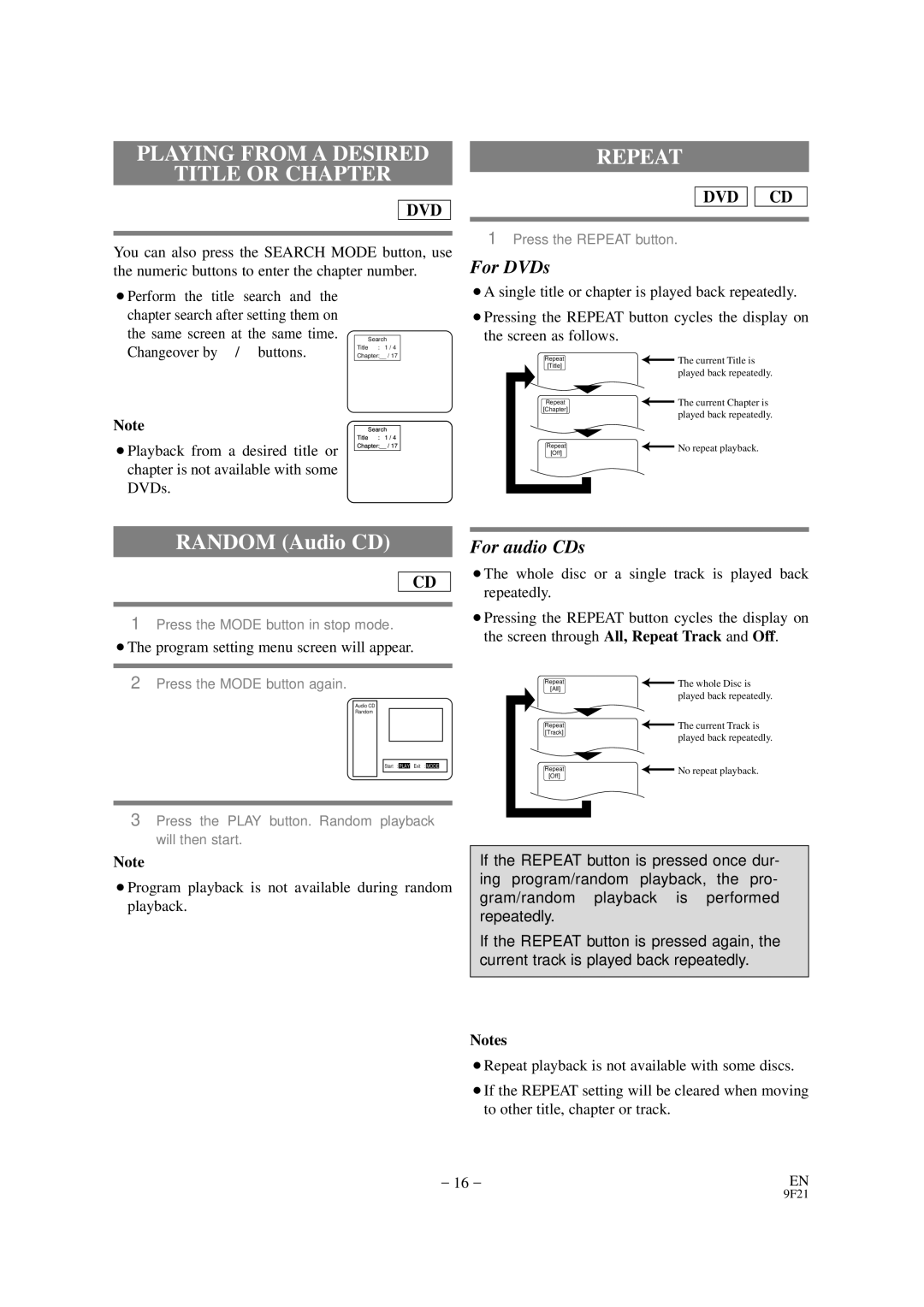 Emerson EWD7001 owner manual Playing from a Desired Title or Chapter, Repeat, ¡The program setting menu screen will appear 