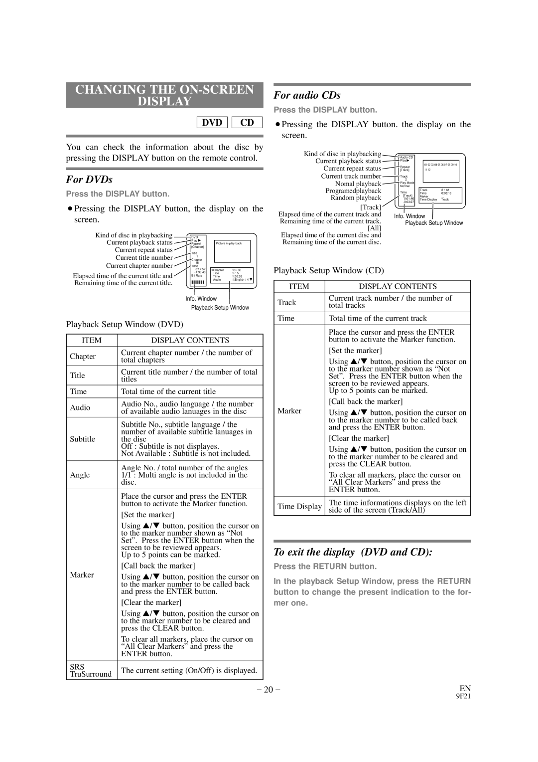 Emerson EWD7001 owner manual Changing the ON-SCREEN Display, ¡Pressing the Display button, the display on the screen 