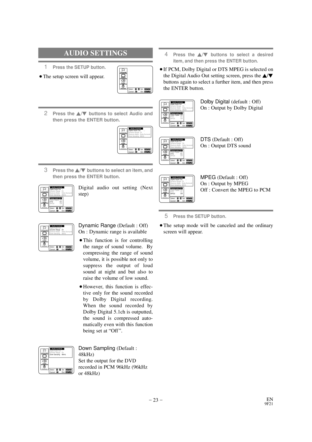 Emerson EWD7001 owner manual Audio Settings, Digital audio out setting Next step, Off Convert the Mpeg to PCM 