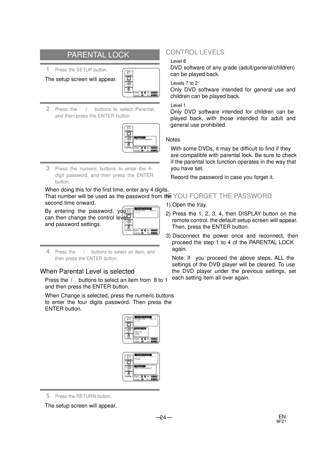 Emerson EWD7001 Parental Lock, Can then change the control level, Password settings, ¡The setup screen will appear 