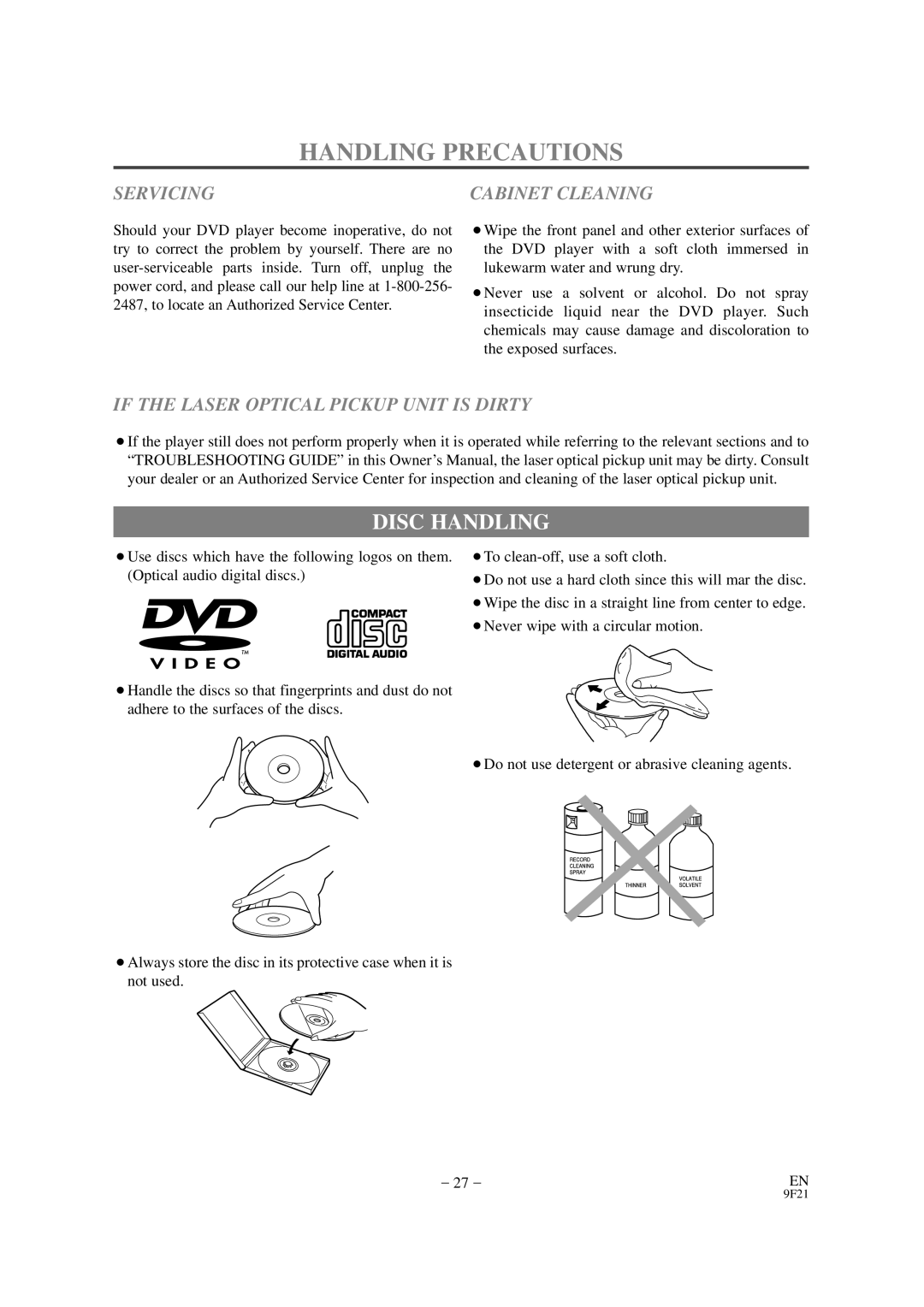 Emerson EWD7001 owner manual Handling Precautions, Disc Handling 