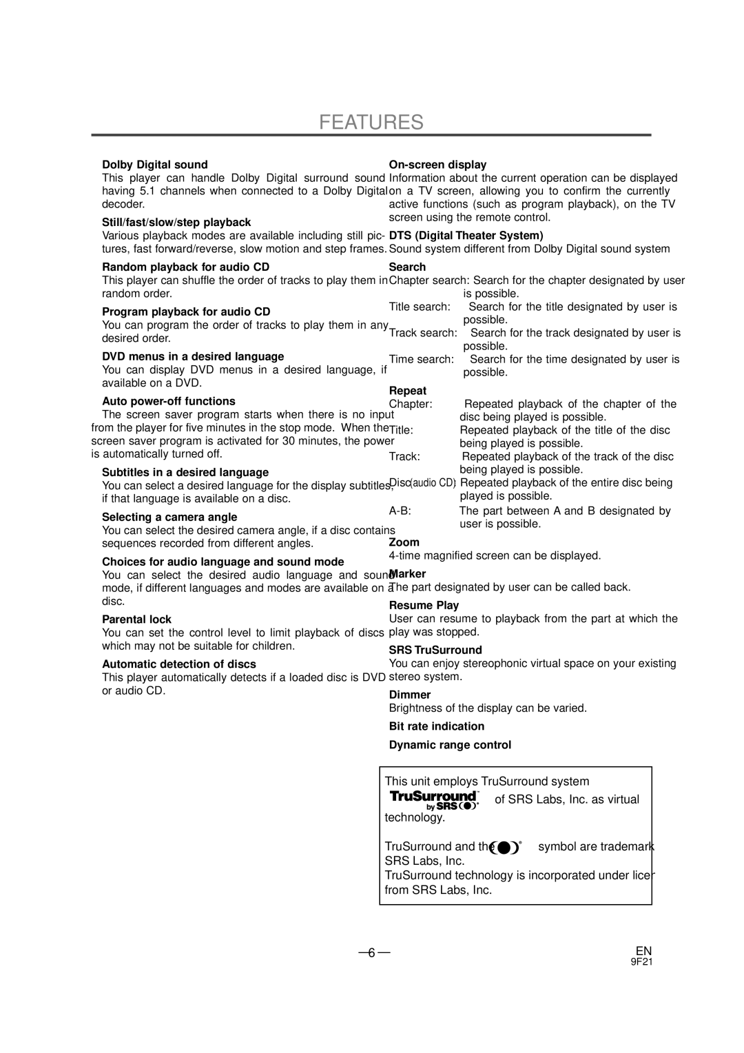 Emerson EWD7001 owner manual Features, ¡Dolby Digital sound 