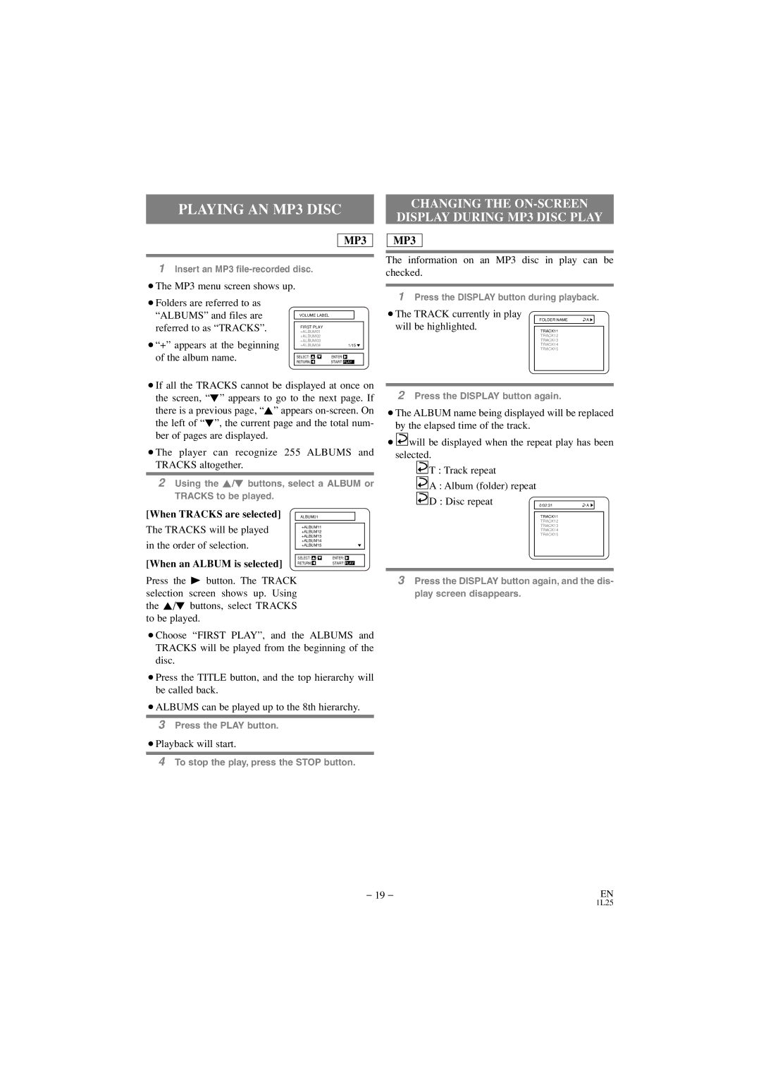 Emerson EWD7002 owner manual Playing AN MP3 Disc, When Tracks are selected, When an Album is selected 