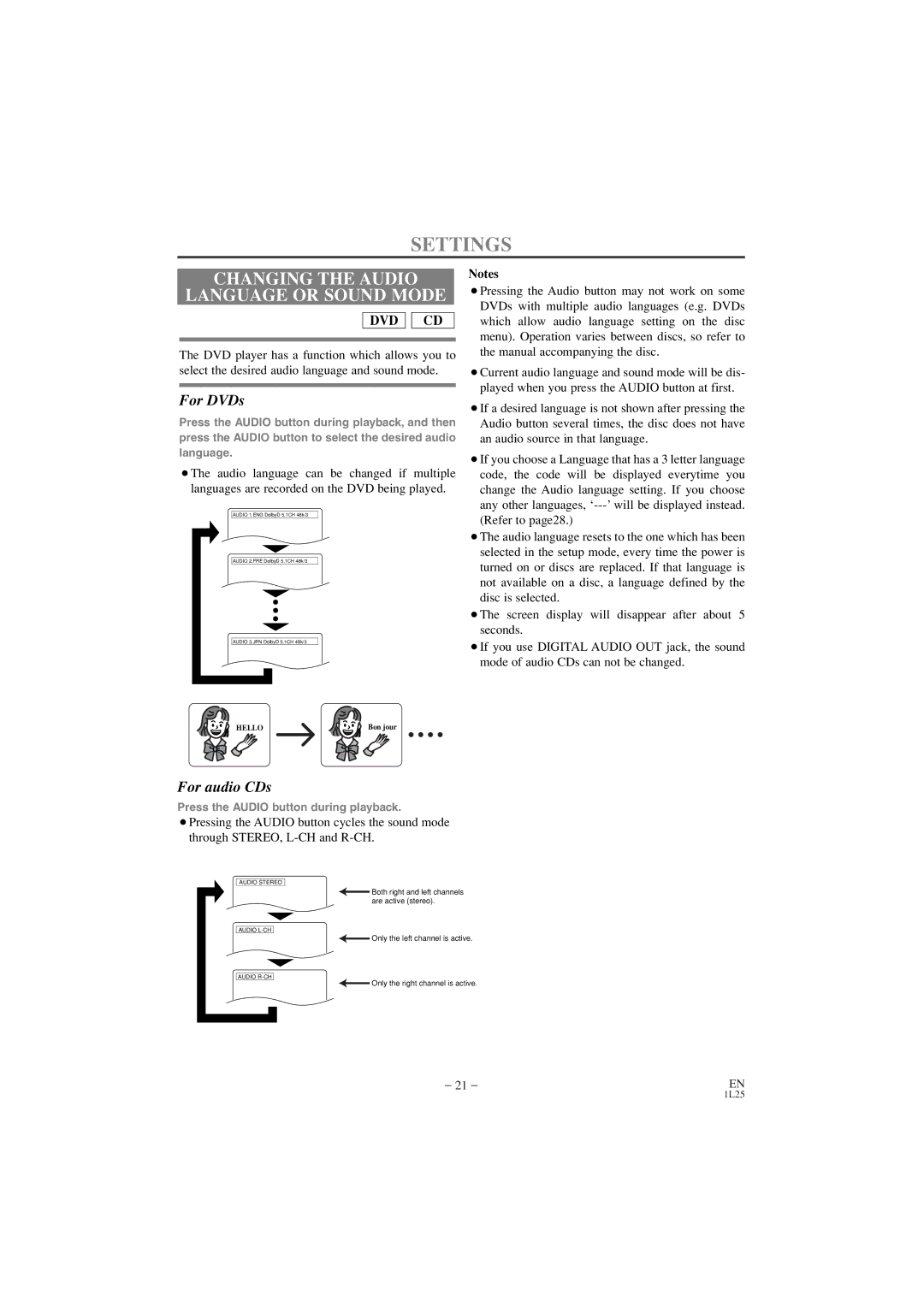 Emerson EWD7002 owner manual Settings, Changing the Audio Language or Sound Mode 