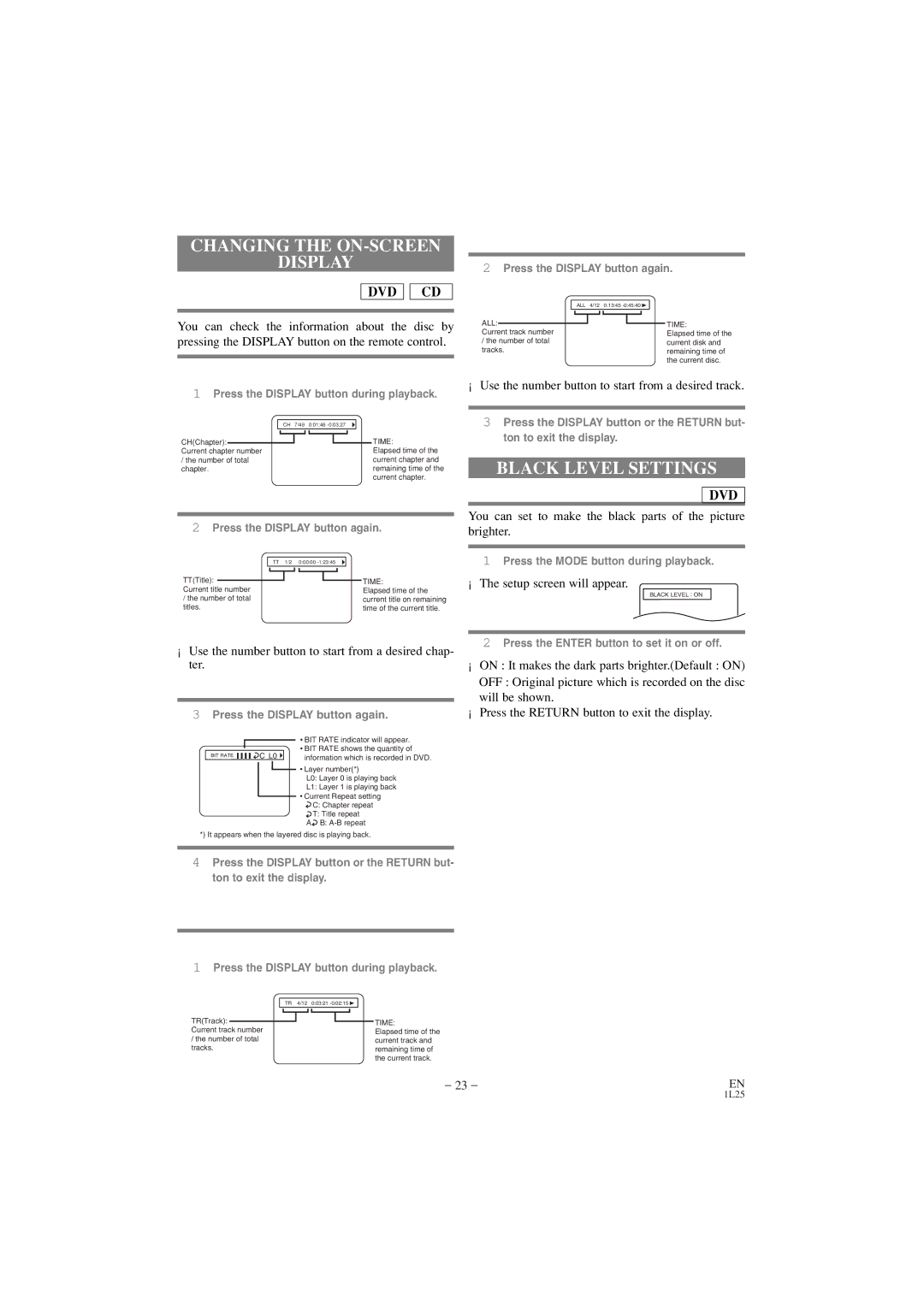 Emerson EWD7002 owner manual Changing the ON-SCREEN Display, Black Level Settings 