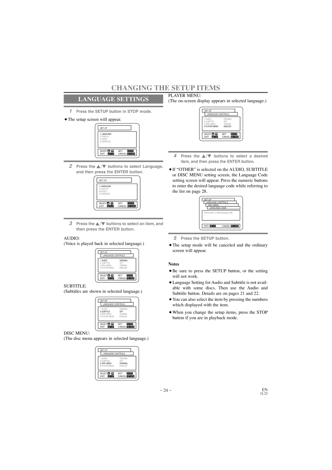 Emerson EWD7002 owner manual Changing the Setup Items, Language Settings 