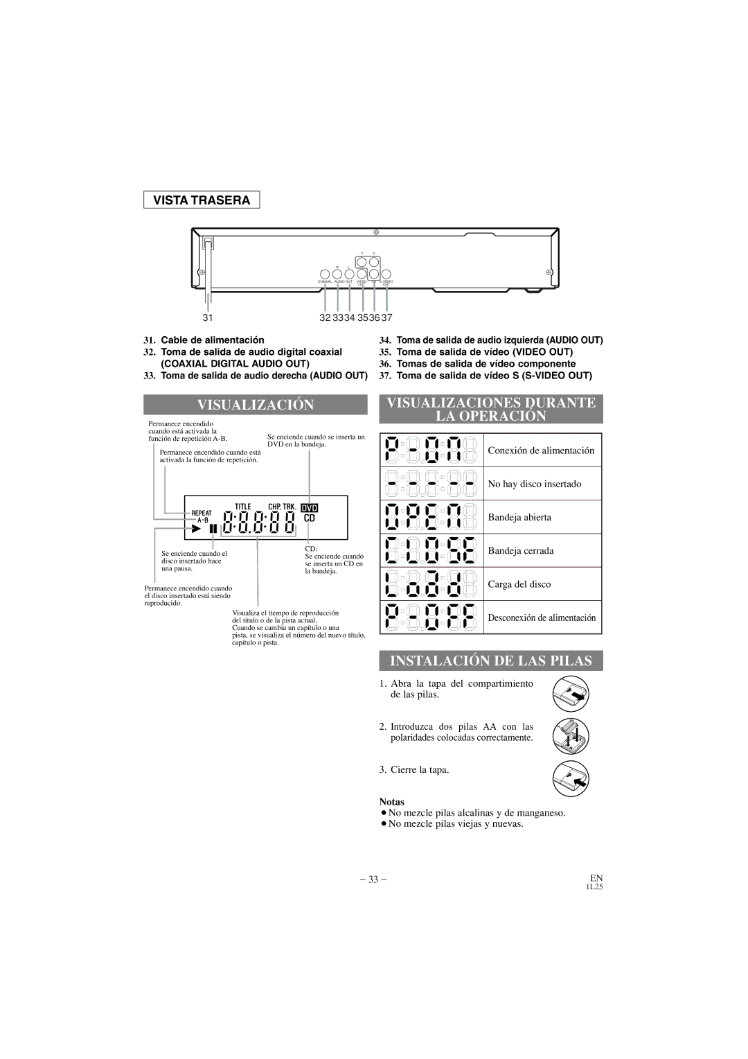 Emerson EWD7002 owner manual Visualización, Visualizaciones Durante LA Operación, Instalación DE LAS Pilas, Notas 